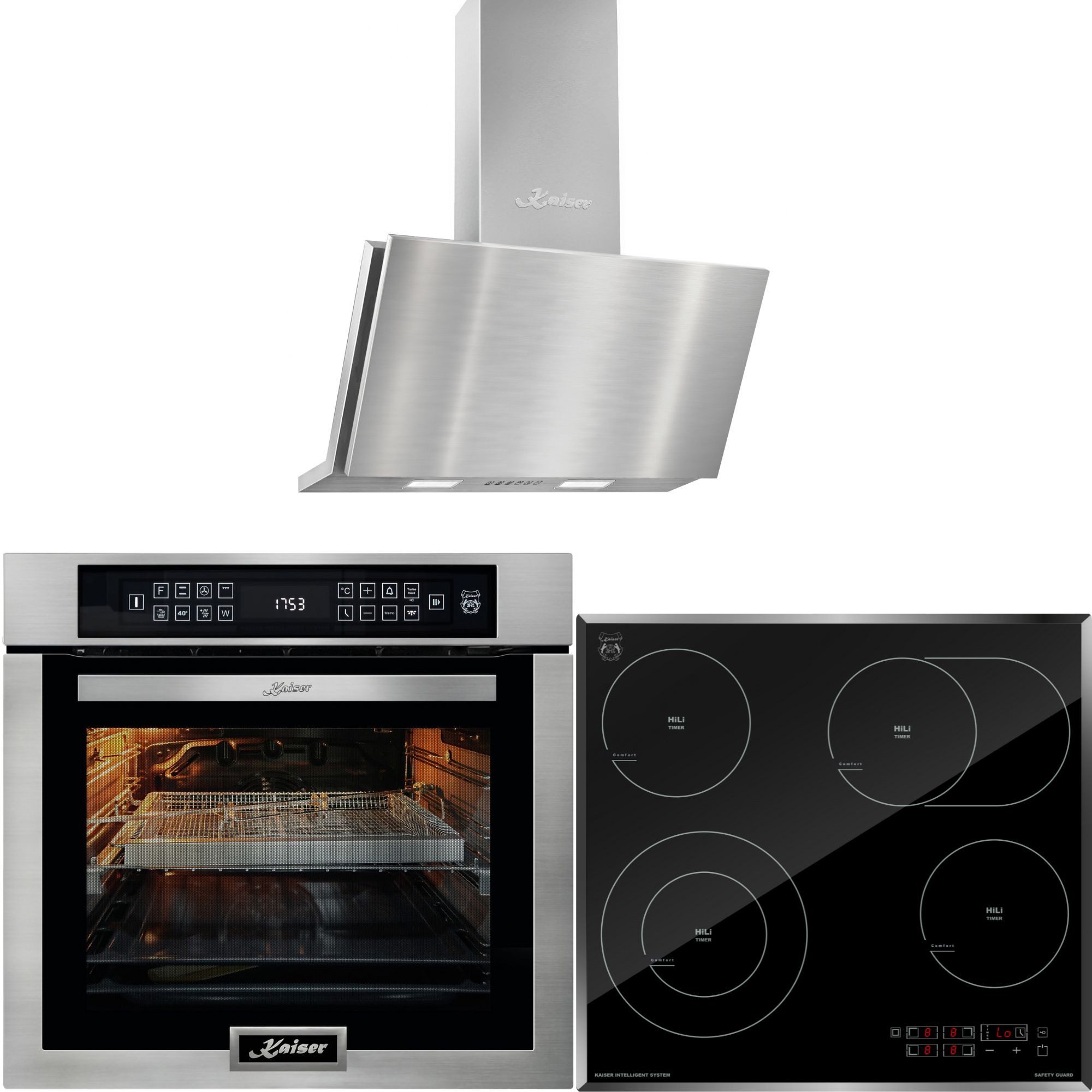 Kaiser Küchengeräte Backofen-Set Herd Set Autark Elektrobackofen,Edelstahl,86 L 15 Fkt., LED-Display mit High Light Glaskeramik Kochfeld 60cm Schwarz glas Facettenschliff-Kanten+Dunstabzugshaube 90 cm, 1250m³/h EH 6306 N R+KCT 6115 F+AT 9455 N ECO, mit 1-fach-Teleskopauszug, Elektrobackofen 60 cm+Glaskeramik Kochfeld 60cm+Dunstabzugshaube 90 cm