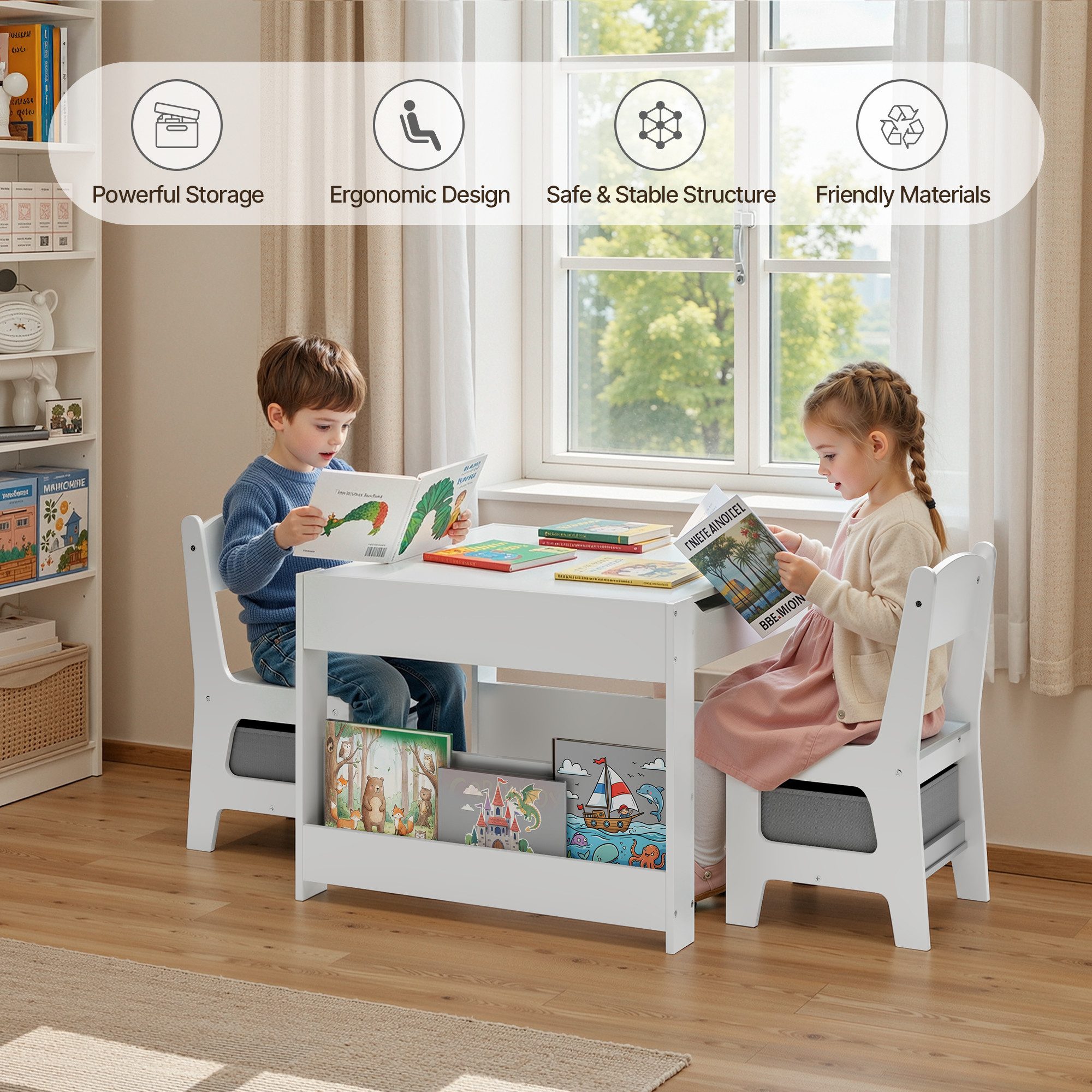 Bealife Kindersitzgruppe Kindertisch mit 2 Stühlen, (3-tlg., Kindertisch mit 2 Stühlen), Umklappbare Tischplatte – Bild 3 von 5