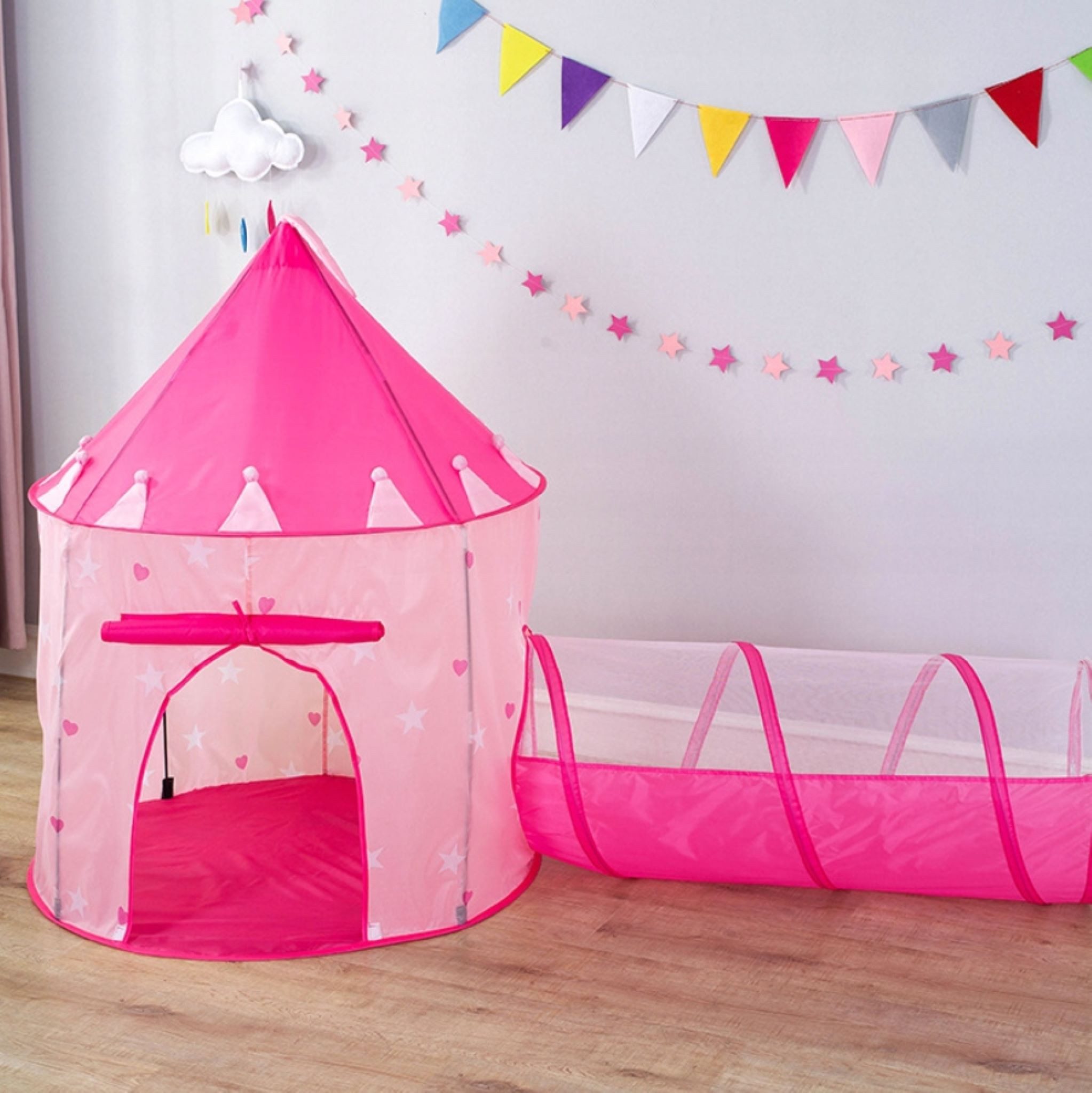 Festivalartikel Spielzelt 3in1 Kinder Spielzelt Schloss Tunnel Bällebad Rosa