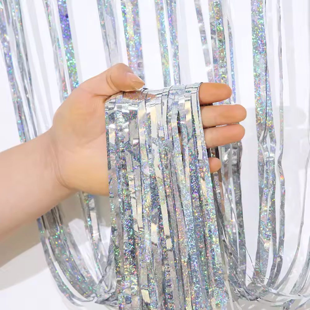 Kopper-24 Türvorhang Lametta Vorhang 2 x 1 m, Silber glitzernd, holographisch Party Deko Fo, Schlaufen, Folie