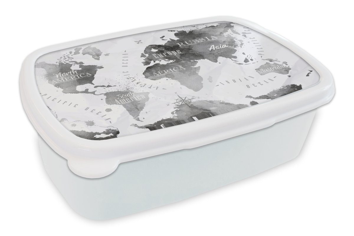 MuchoWow Lunchbox Weltkarte - Schwarz - Ölfarbe, Kunststoff, (2-tlg), Brotbox für Kinder und Erwachsene, Brotdose, für Jungs und Mädchen weiß | Lunchboxen