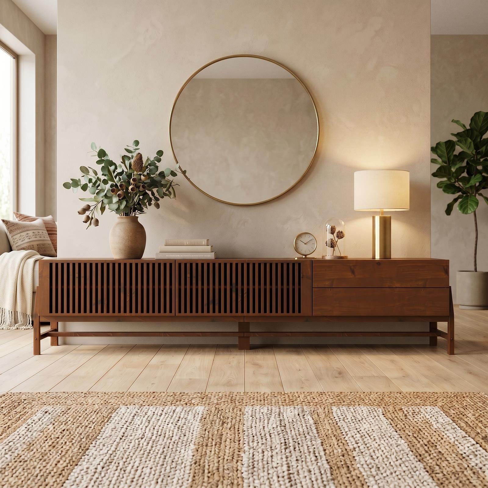 IDIMEX Lowboard ADAMO, 220cm mit Lamellentüren aus Massivholz für 90 Zoll TVs Kastanie Finish