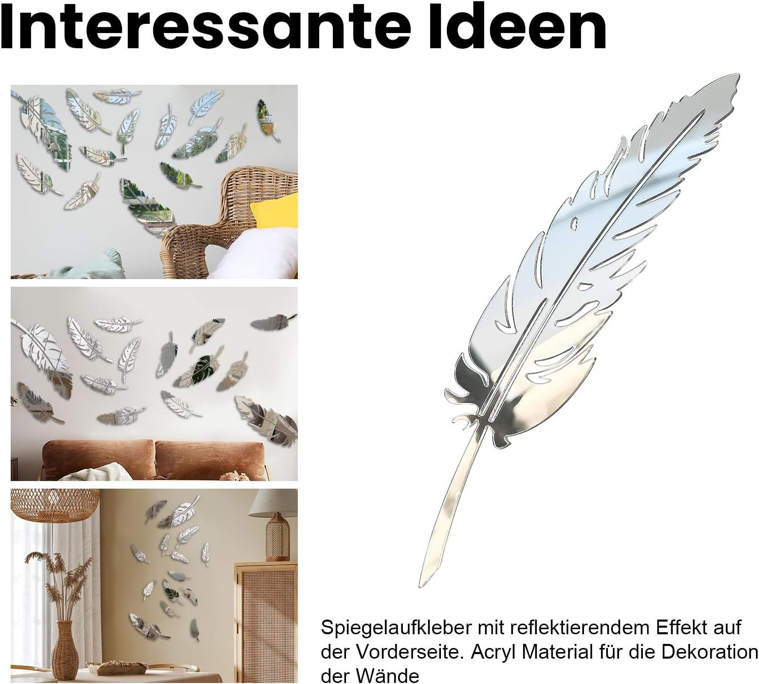 FELIXLEO Wandspiegel 15 Stück 3D Acryl Spiegel Wandaufkleber Blatt Dekor Silber