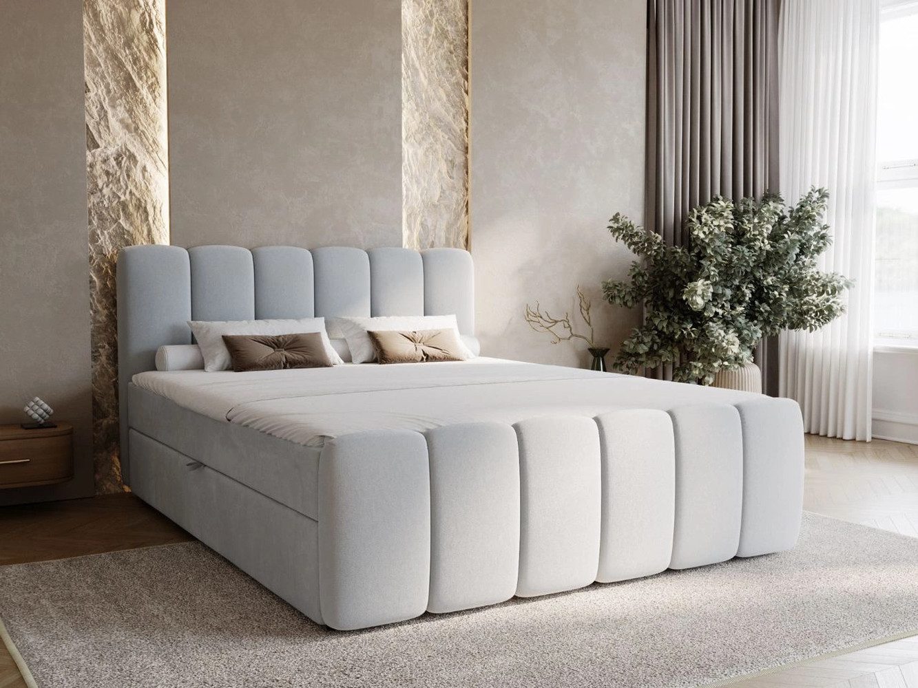 GrainGold Boxspringbett mit Bettkästen CLOUD, Modern Bett mit Kopfteil, 200x200 cm, Grau (1x Bett + 1x Topper)