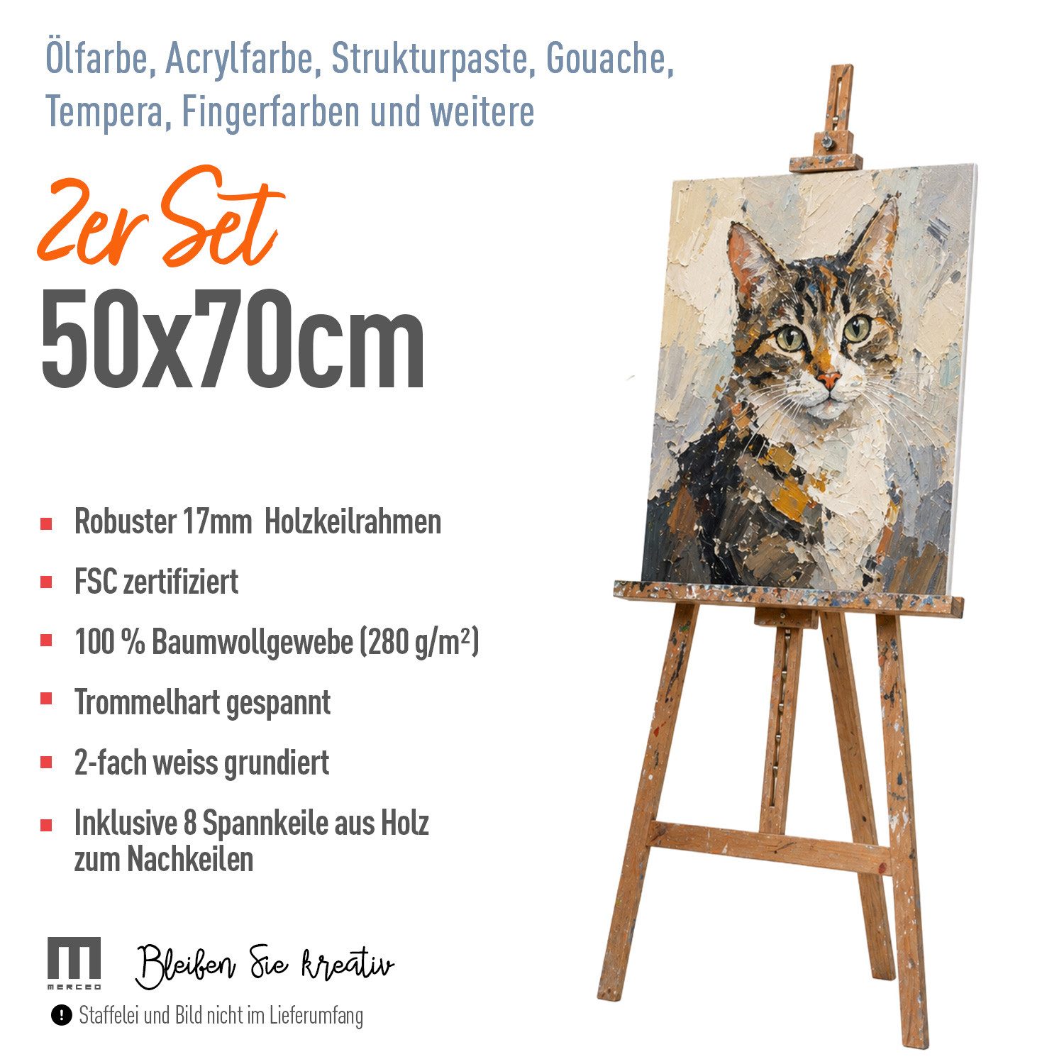 M MERCEO Leinwand, 2er-Set Leinwand 50x70cm (zum Bemalen, Baumwolle, Keilrahmen, 280g/m)