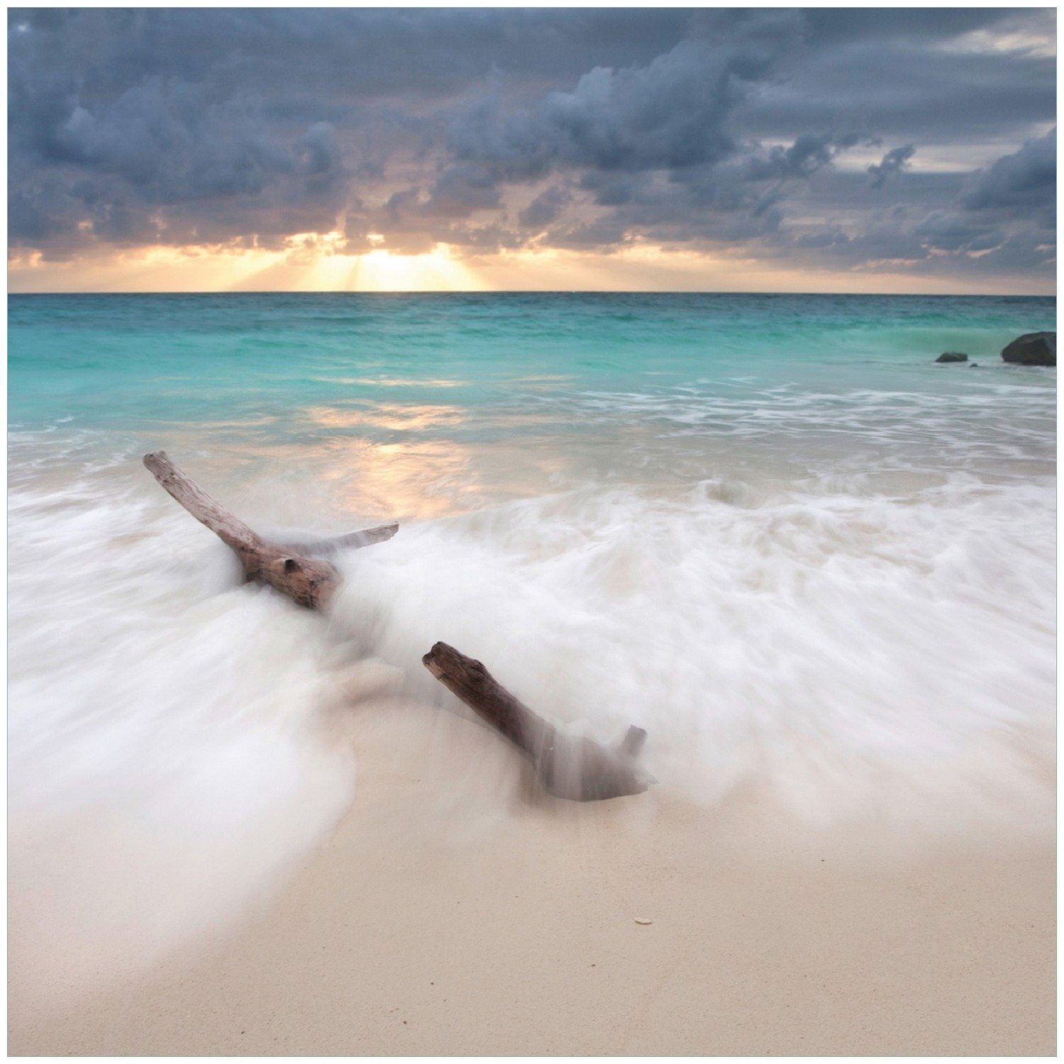 Wallario Memoboard Wellen am Strand bei Sonnenuntergang