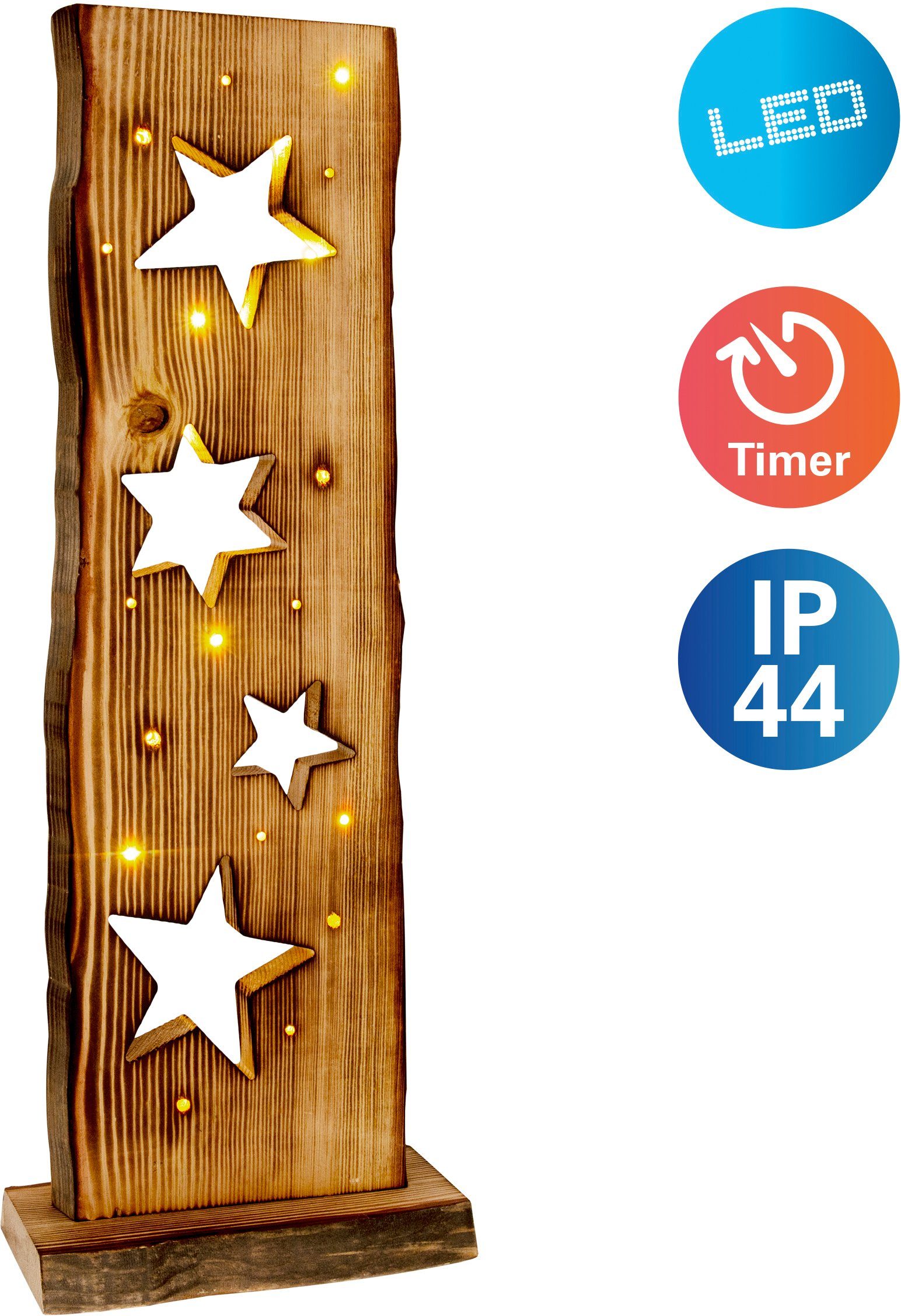näve LED Gartenleuchte LED-Holz-Weihnachtsleuchte Sternemotiv, Weihnachtsdeko aussen, LED fest integriert, Warmweiß, incl. 23x LEDs 2800K,incl. Batteriefach mit Timerfunktion (6on/18off)