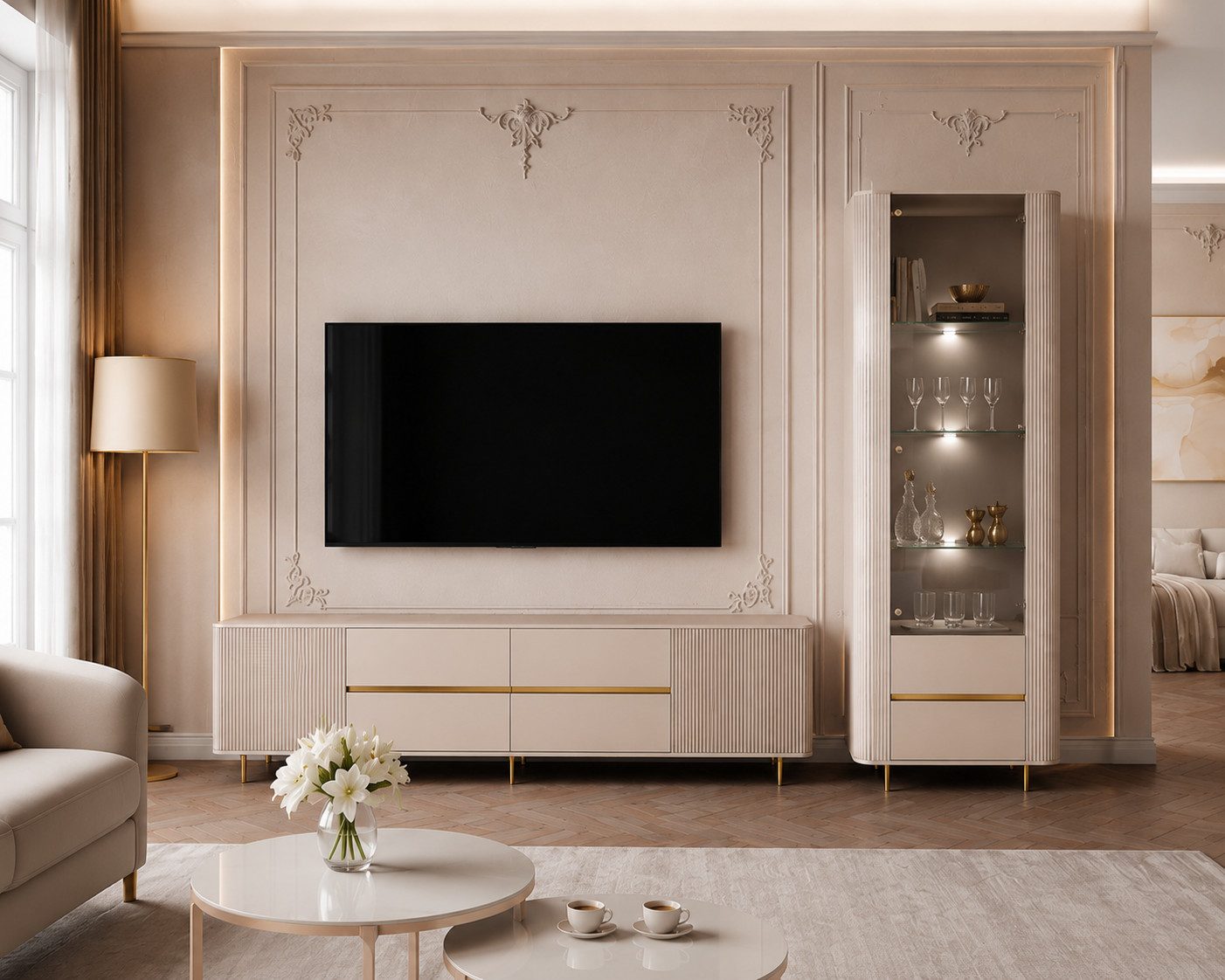 ALLHOUSE24 Wohnzimmer-Set MIRACLE GOLD mit LED Beleuchtung Vitrine, TV-Schrank, Sandbeige, (2-St., Das Set besteht aus: Vitrine, TV Schrank), Breite: Vitrine: 76 cm, TV-Schrank: 240 cm