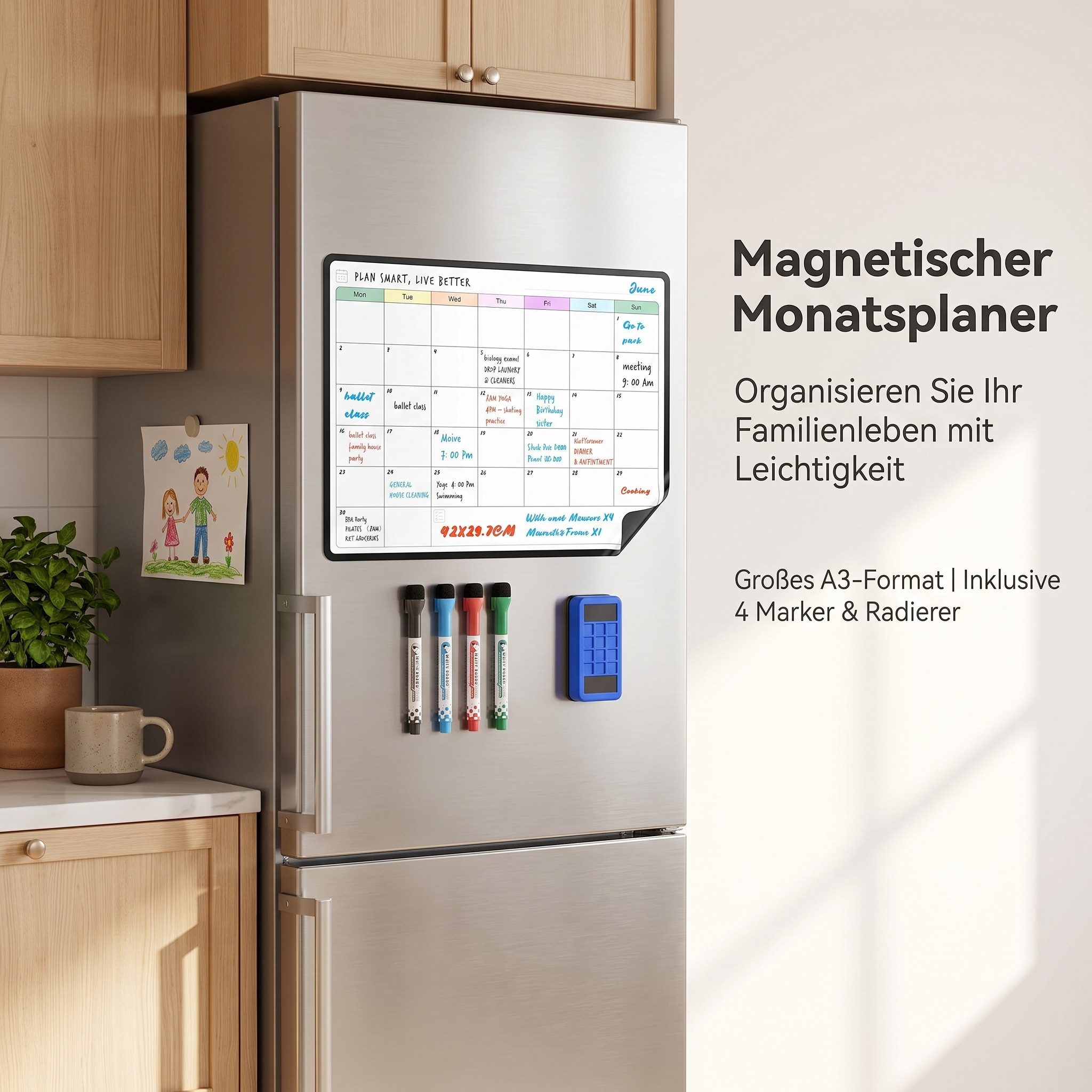 AIMAX Magnettafel Magnettafel Whiteboard A3 Monatsplaner Kühlschrank abwischbar, mit Stiften & Radierer