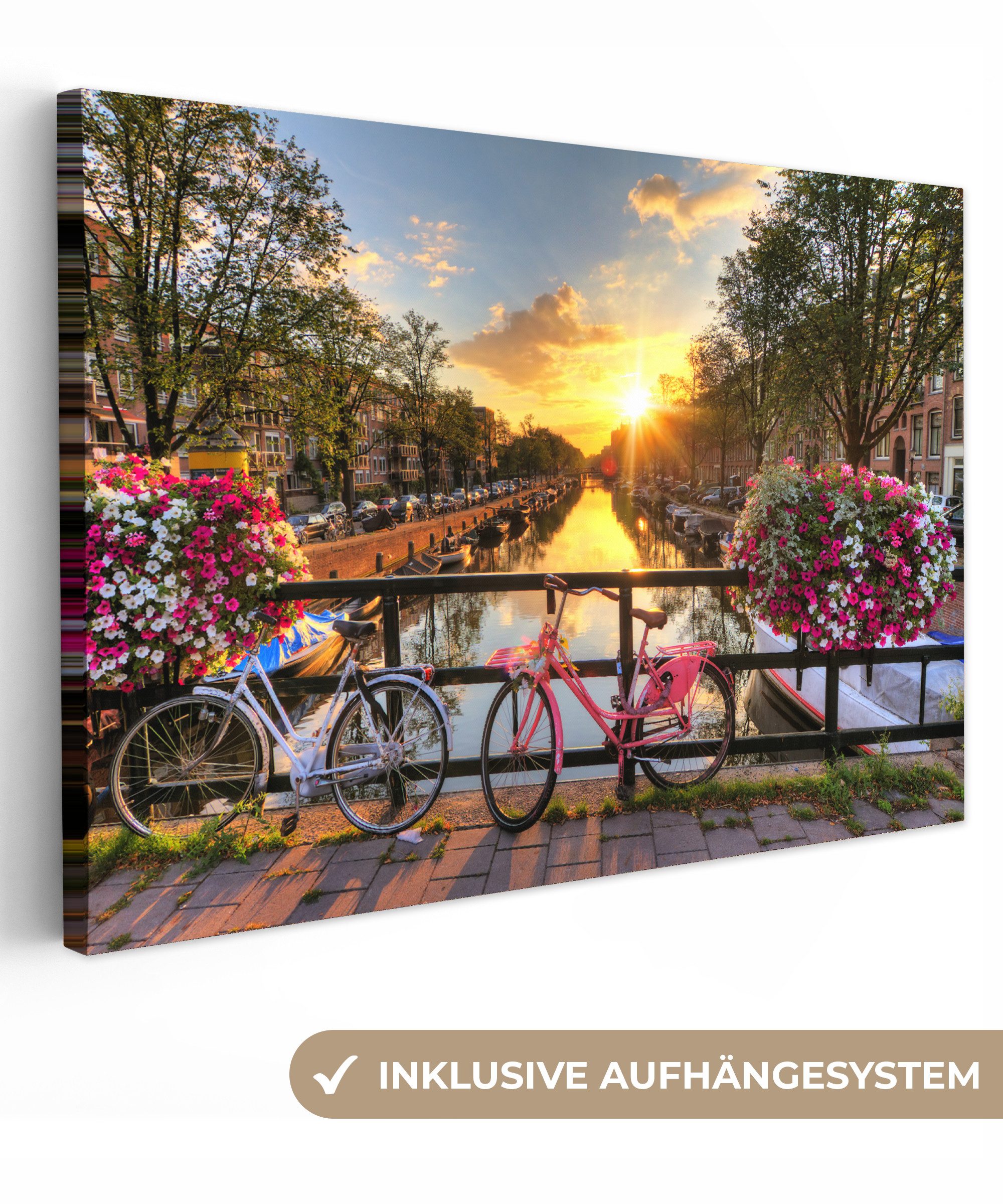 OneMillionCanvasses® Leinwandbild Amsterdam - Blumen - Brücke - Fahrrad - Sonnenuntergang, Fotodruck (1 St), Leinwand Bilder Klein, Wand Dekoration Aesthetic 30x20 cm