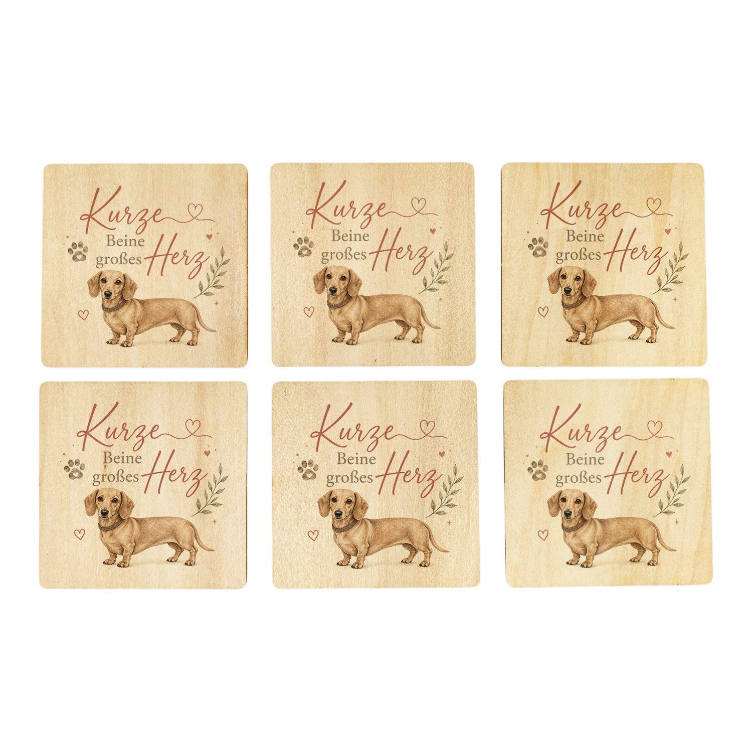 speecheese Glasuntersetzer 6er Set Untersetzer Holz Kurze Beine Dackel und Herzmotiv Mit Spruch: