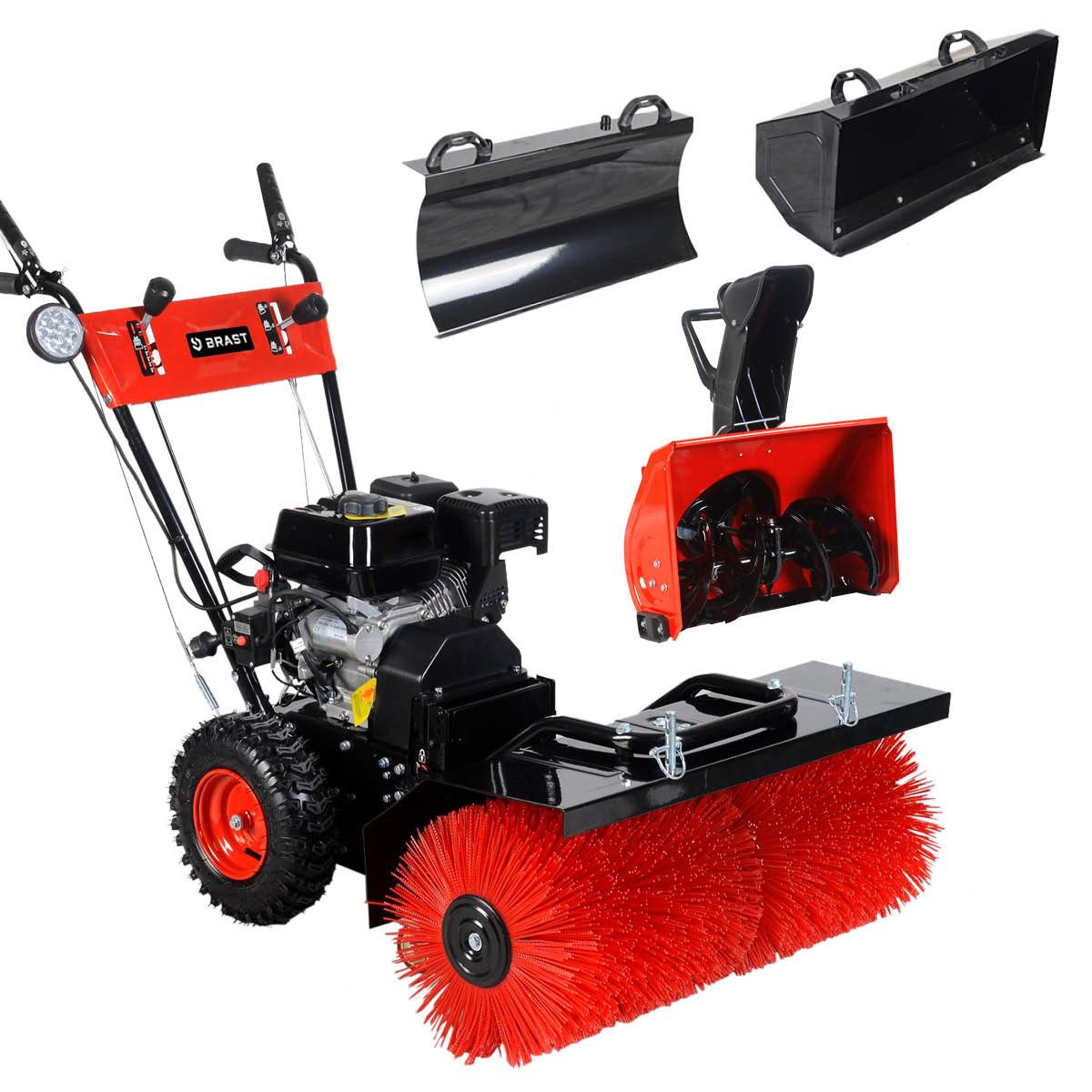 BRAST Benzin-Kehrmaschine 4-Takt Markenmotor, wechselbare Aufsätze, 5 Modelle, (4,8kW(6,5PS), inkl. Kehrbürste Laubsammler Schneeschieber Schneefräse), 4in1 Funktion