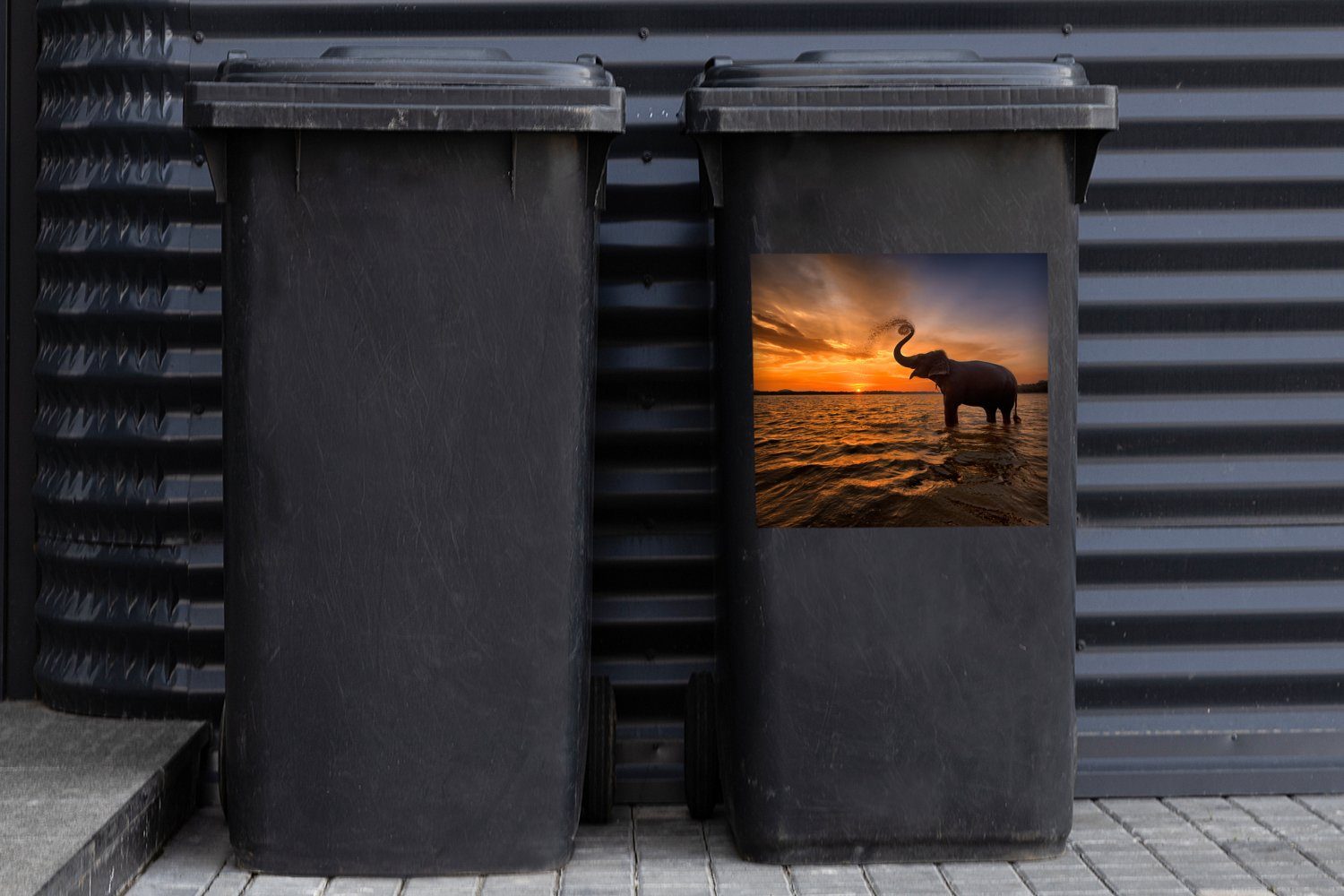 Abfalbehälter - Container, Tiere Orange Mülltonne, Mülleimer-aufkleber, Sonnenuntergang Wandsticker Sticker, MuchoWow - - Elefant St), - (1 Meer