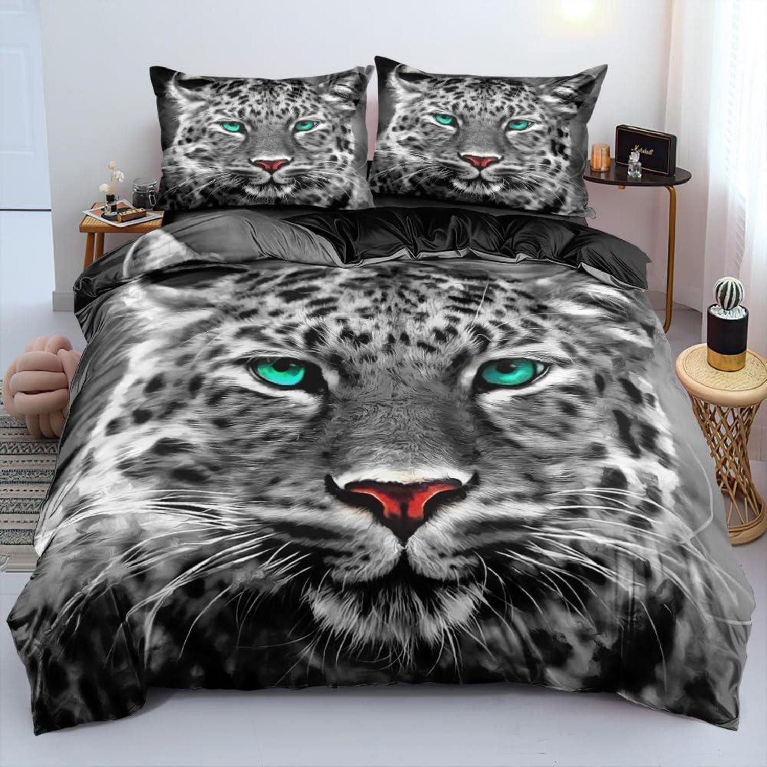 LuxusKollektion Bettwäsche Bettwäsche Leopard 155x220 3tlg. Grau Türkis 3D