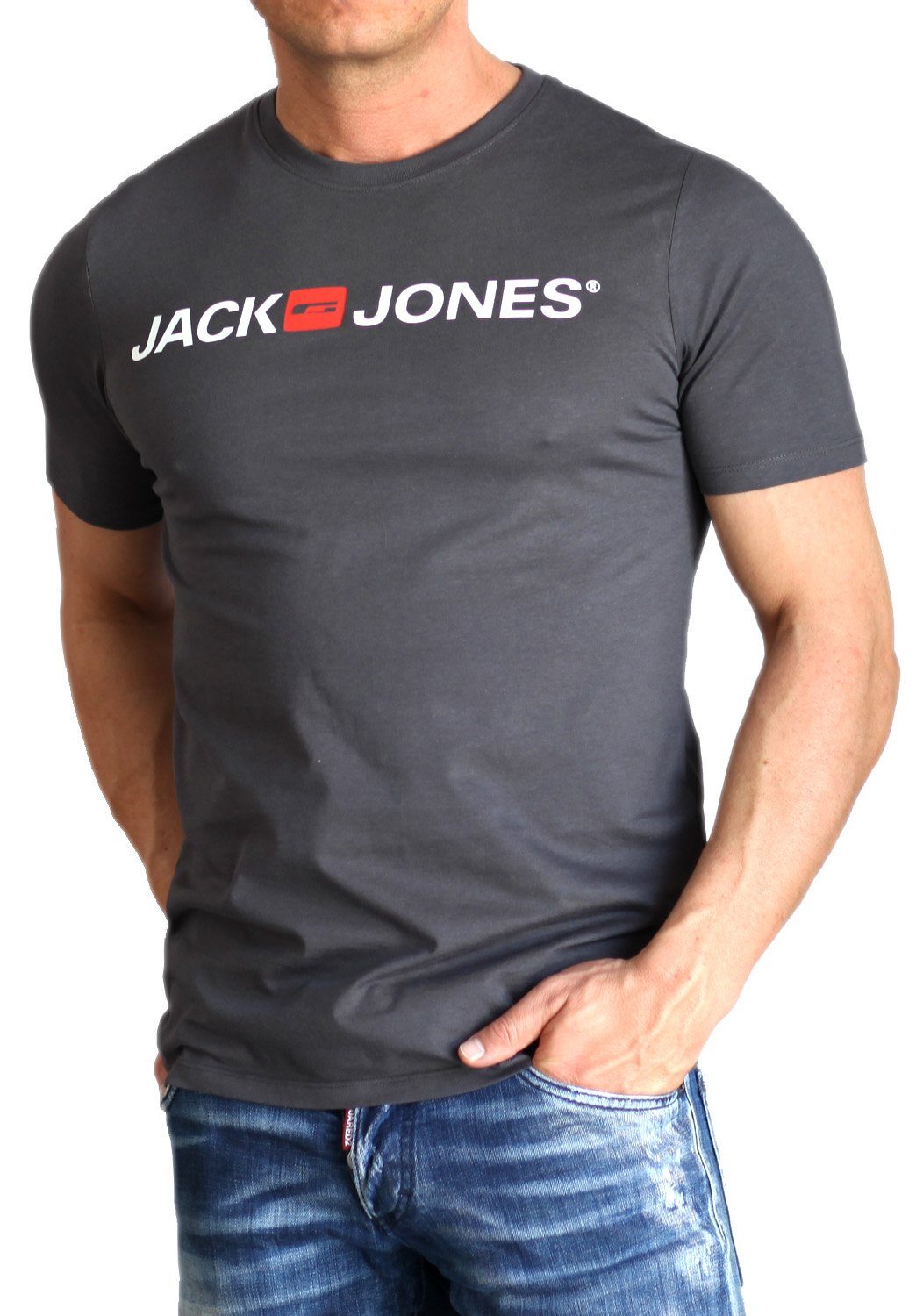 Jack & Jones Print-Shirt mit Rundhalsausschnitt, aus Baumwolle Asphalt