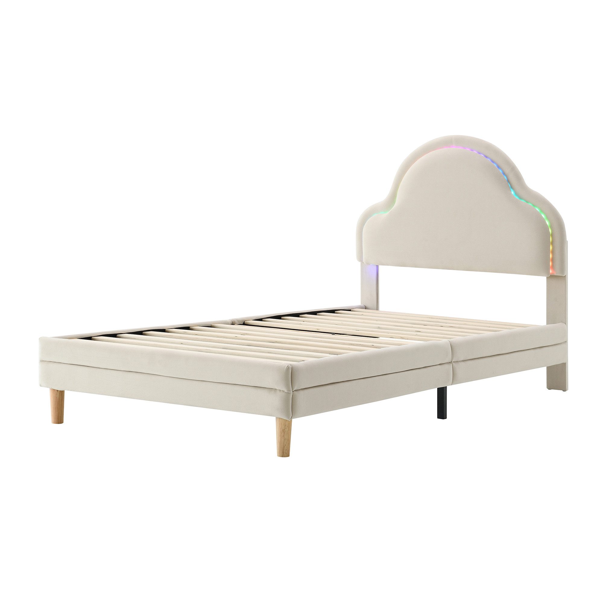 SOFTWEARY Polsterbett mit LED-Beleuchtung (90x200 cm), Einzelbett mit Kopfteil und Lattenrost, Jugendbett, Samt