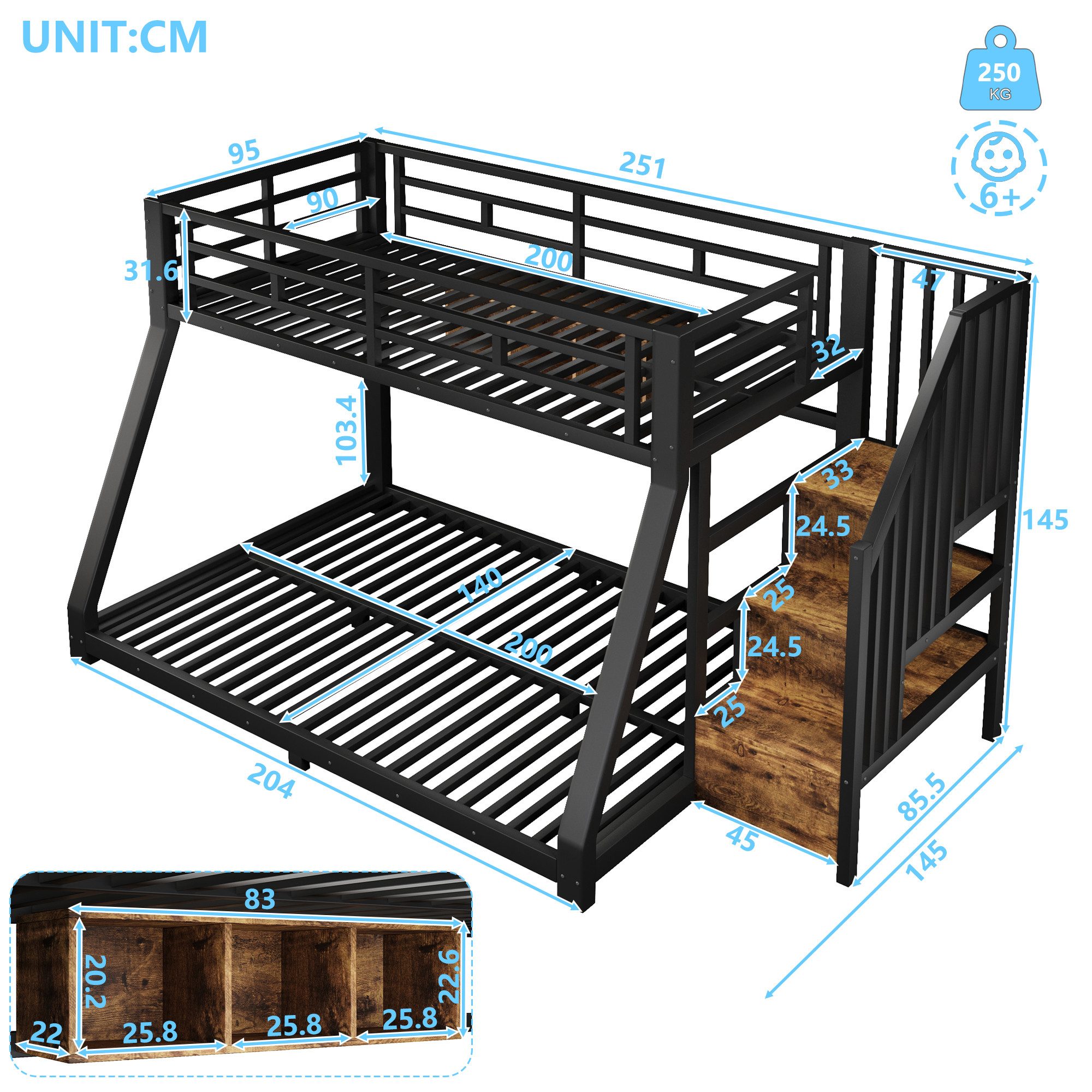 Odikalo Bunk Bed 90x200 140x200 Children's Bed Youth Bed with LED Storage Staircase (With LED light strips, three storage compartments, staircase construction with storage space, railing, step, EN747 certified, without mattress, metal)
