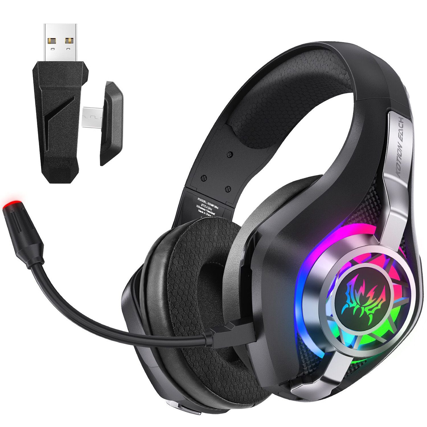 Fyrove 2.4G Wireless Gaming Headset für PC/PS5/PS4/Xbox, Kabelloses Kopfhörer Gaming-Headset (Rauschunterdrückung, 1000 mAh Akku für über 35 Stunden Laufzeit (ohne Beleuchtung)