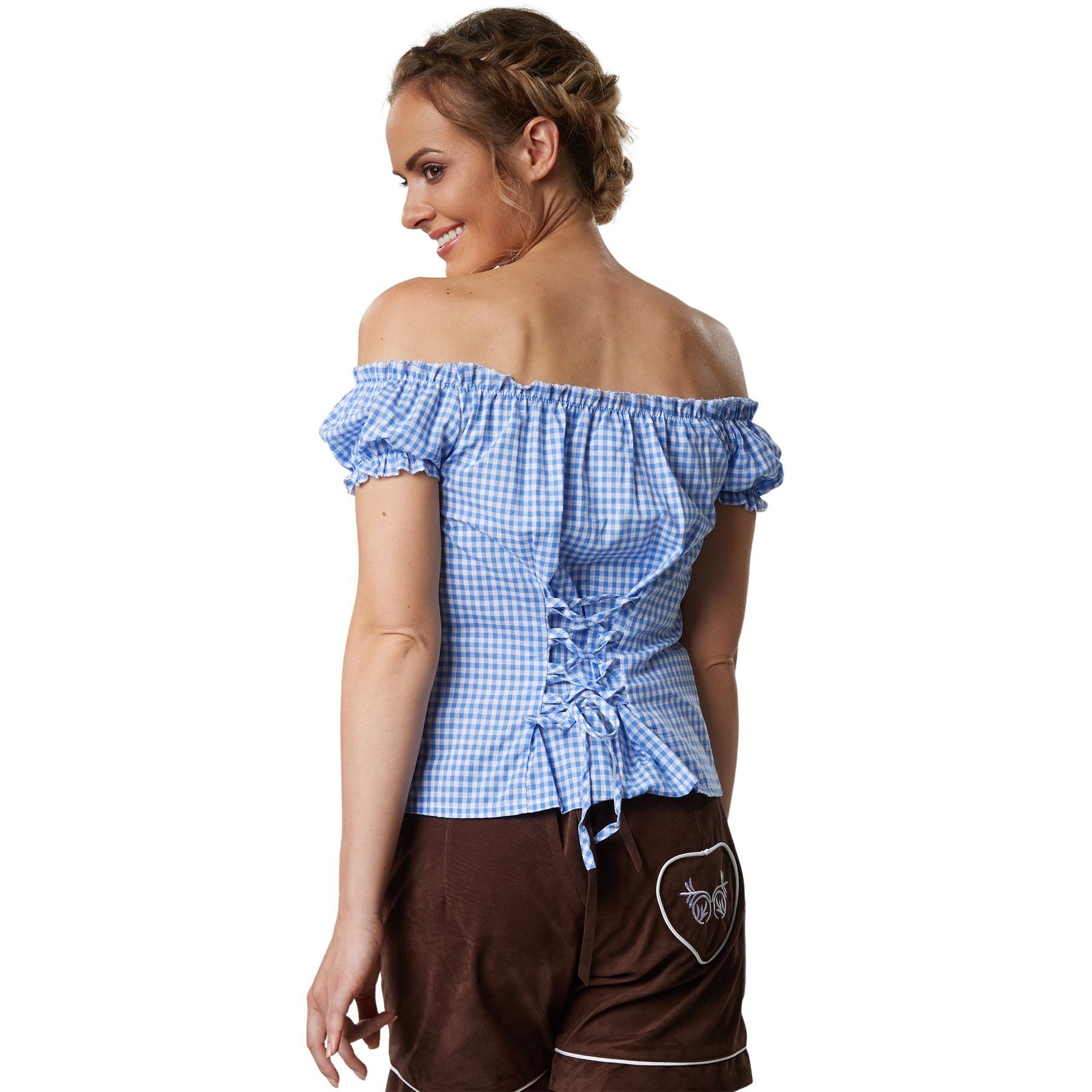 dressforfun Trachtenbluse Kurzärmelige Dirndlbluse aus reiner Baumwolle mit Carmen-Ausschnitt (Landhausbluse Rosi, in blau/weiß) Rüschen-Knopfleiste, Rückenschn – Bild 2 von 5