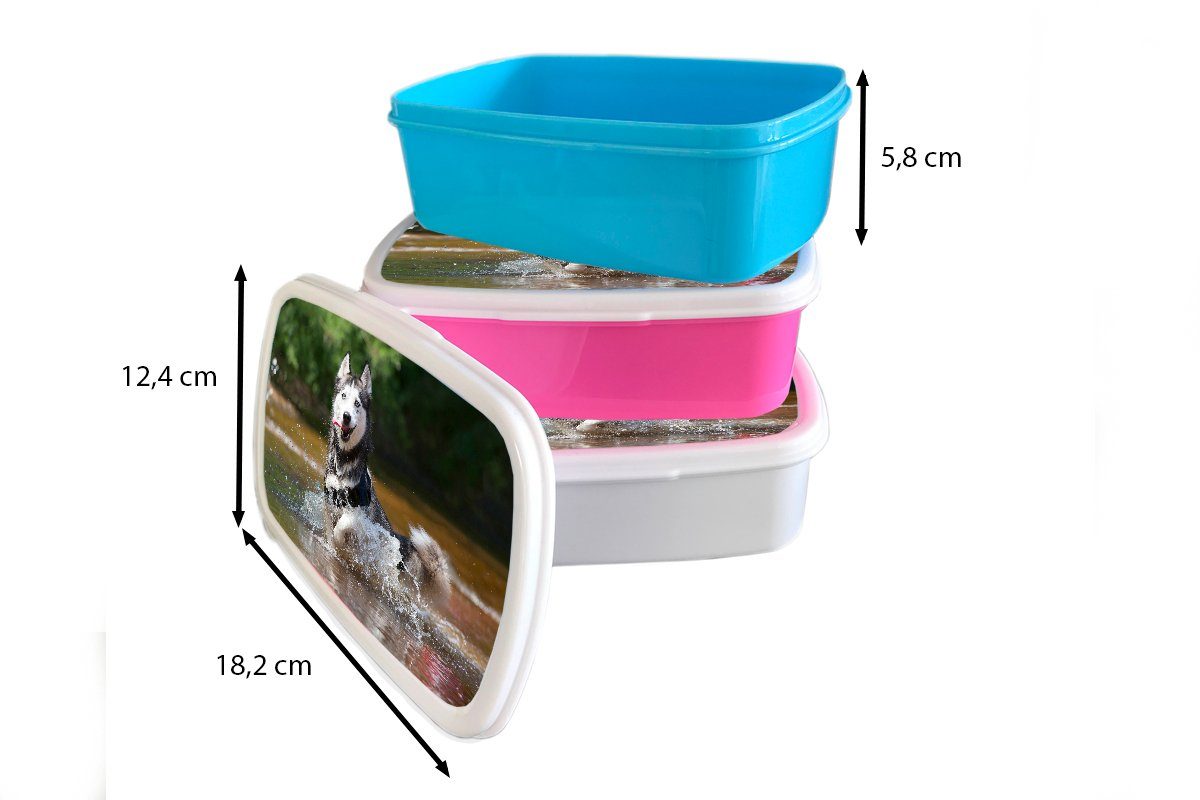 MuchoWow Lunchbox Husky und Wasser, Kinder (2-tlg), Erwachsene, und Brotbox für Mädchen im Brotdose, weiß Jungs Kunststoff, für