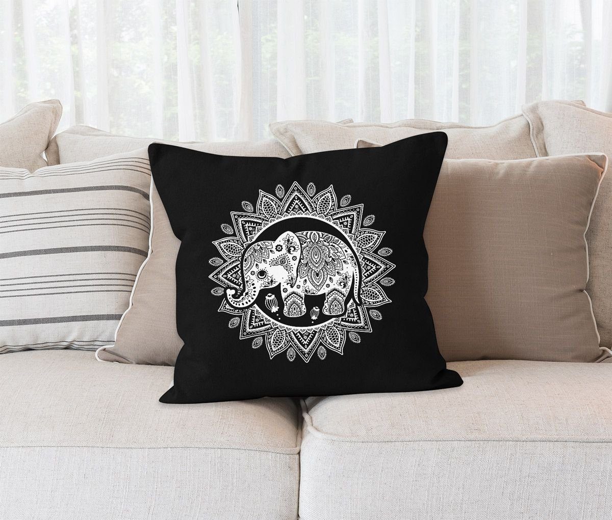 Autiga Dekokissen Kissenbezug Boho Bohamian Deko-Kissen Kissen-Hülle Autiga® Elefant Ethno Tribal Mandala schwarz Ornament