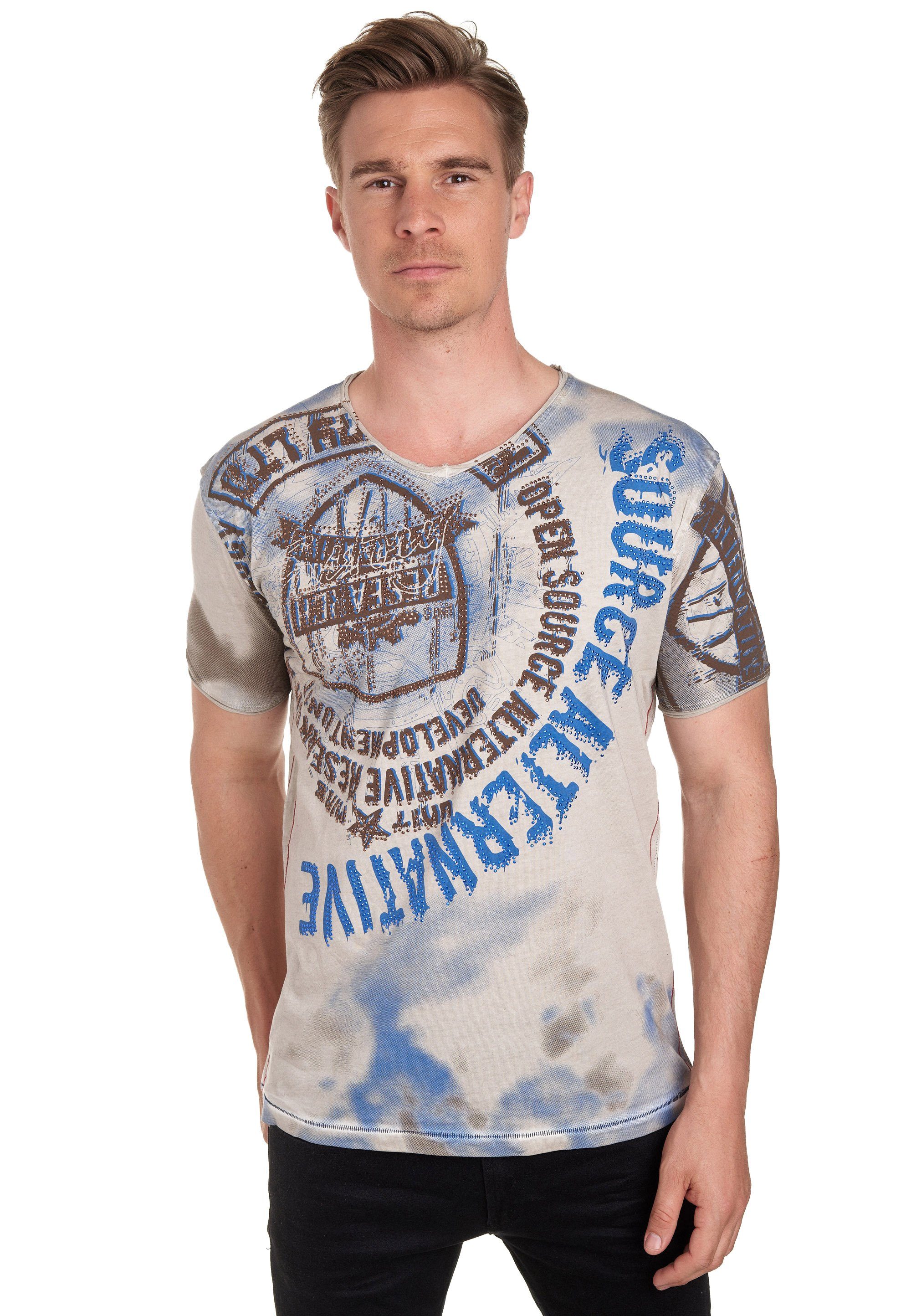Rusty Neal T-Shirt mit Strasssteinen und Frontprint beige-blau
