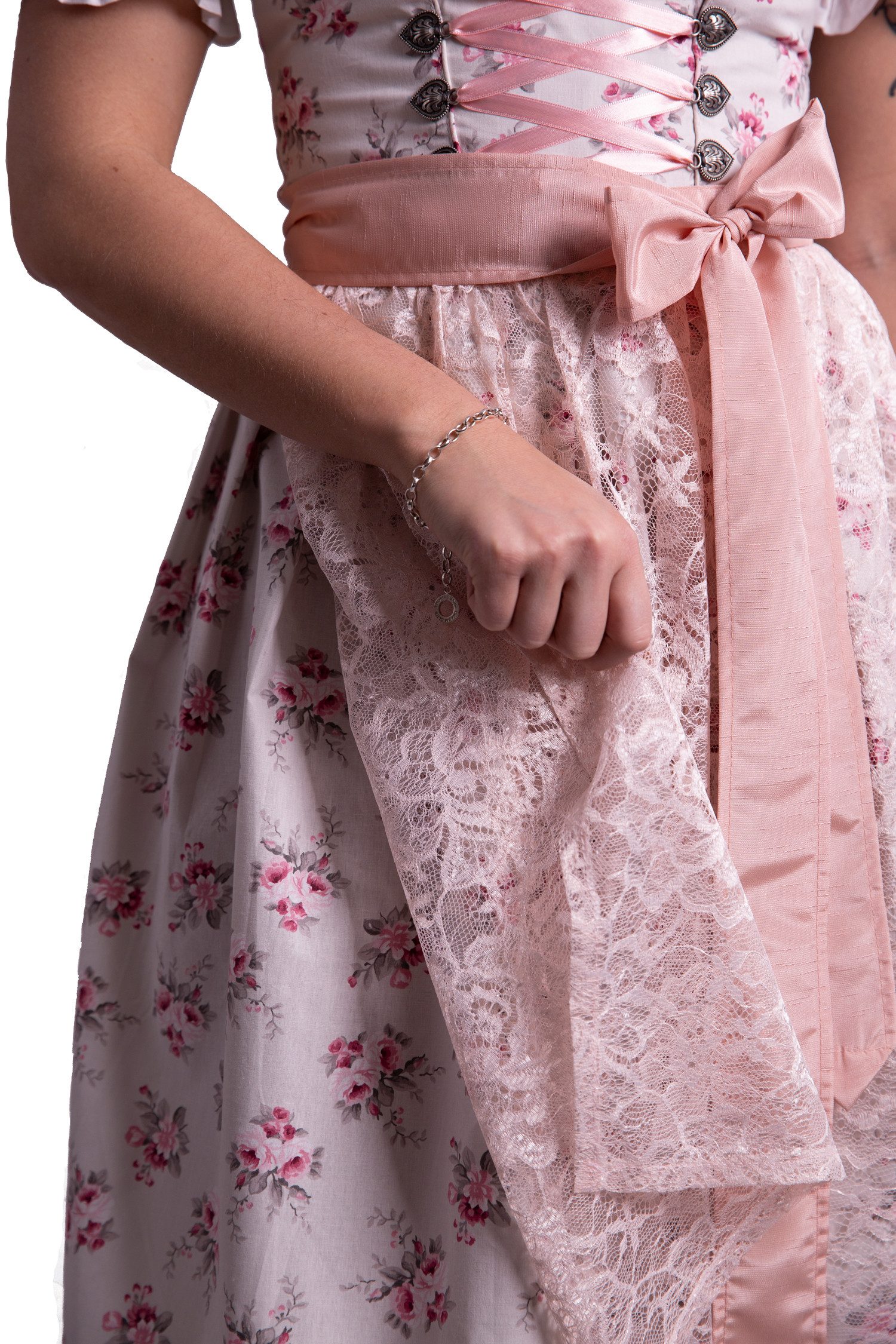 Entari Dirndl 534GT Trachtenkleid Cremeweiß mit Rosa geblümt (3tlg)