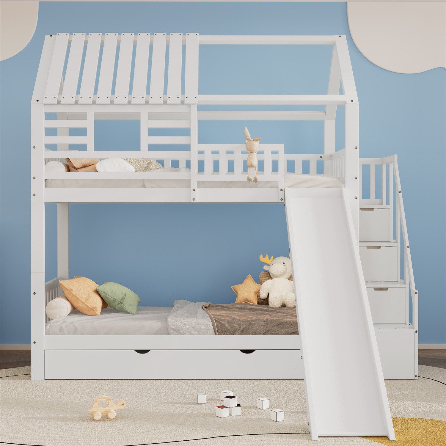 Kinderbett Etagenbett,Hausbett,Rahmen aus Kiefernholz und MDF,mit Treppe