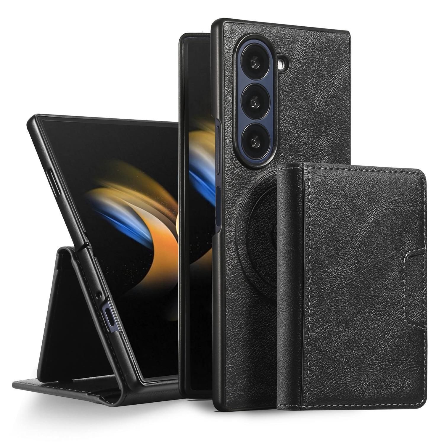 Wigento Handyhülle Für Samsung Galaxy Z Fold7 5G MagSafe Magnetische Kunstleder Hülle, MagSafe Hülle mit Kartenfach und Ständerfunktion