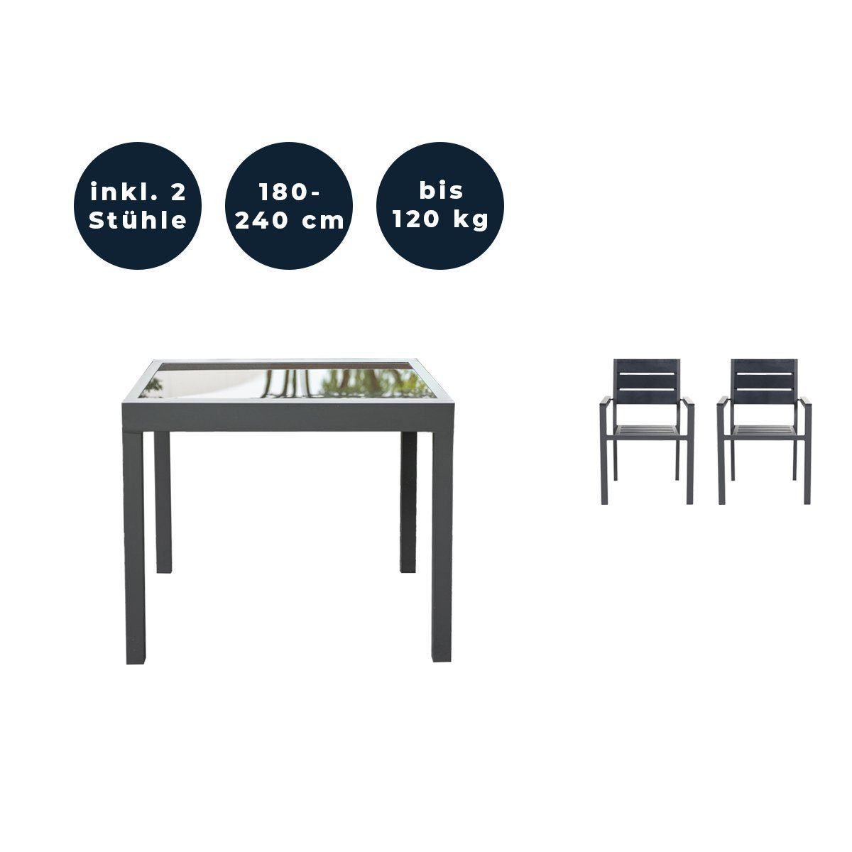 HOME DELUXE Sitzgruppe VERANO MADERA, (3-teilig, 3-tlg., 1 Gartentisch, 2 Gartenstühle), im Set Tisch mit 2, 4, oder 6 Stühle Gartenstühle ausziehbarer Tisch