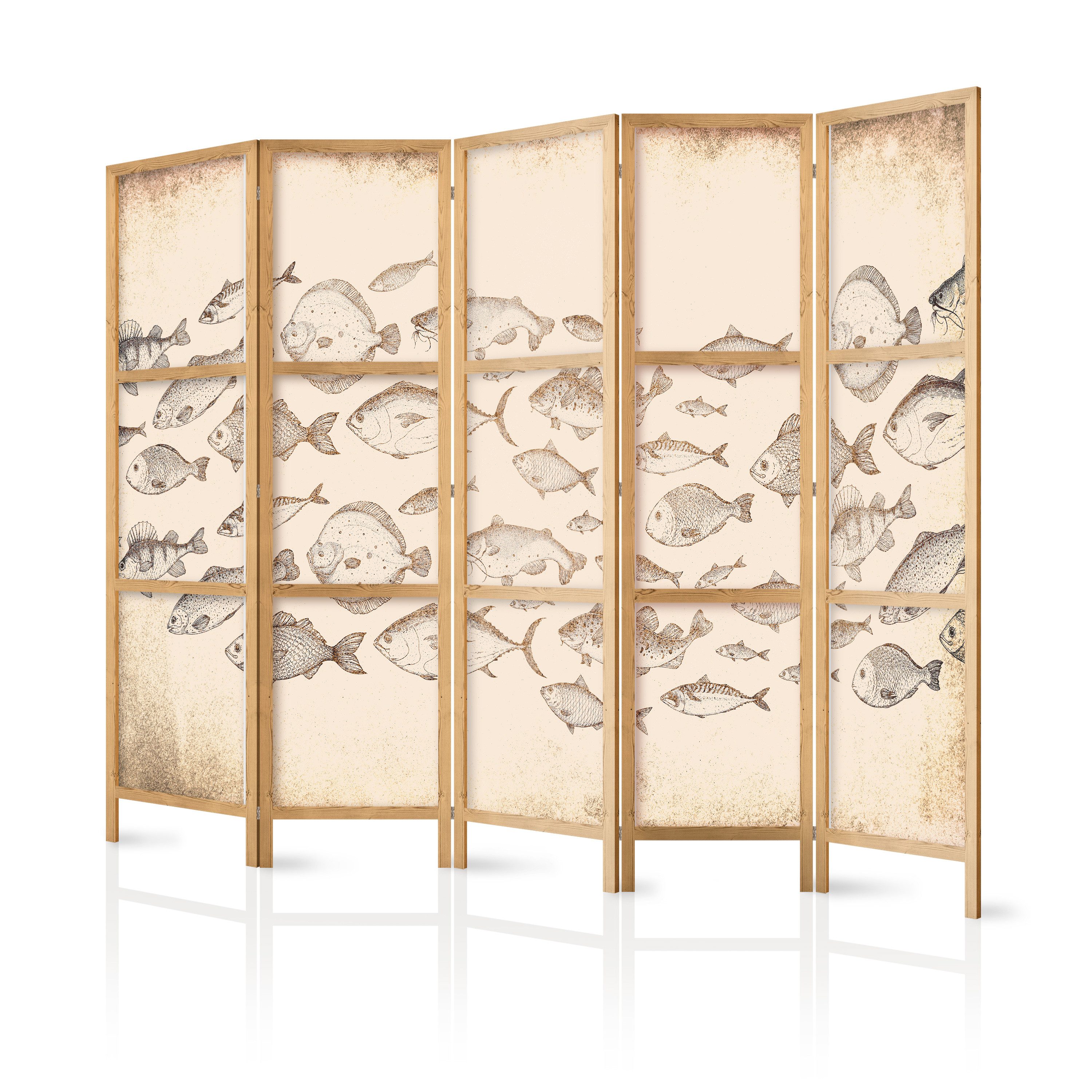 Muralo Paravent 5-teilig Japanischer Paravent klappbar Fischschwarms (Packung, 1 St., 225x172 cm), Für das Wohnzimmer, das Schlafzimmer