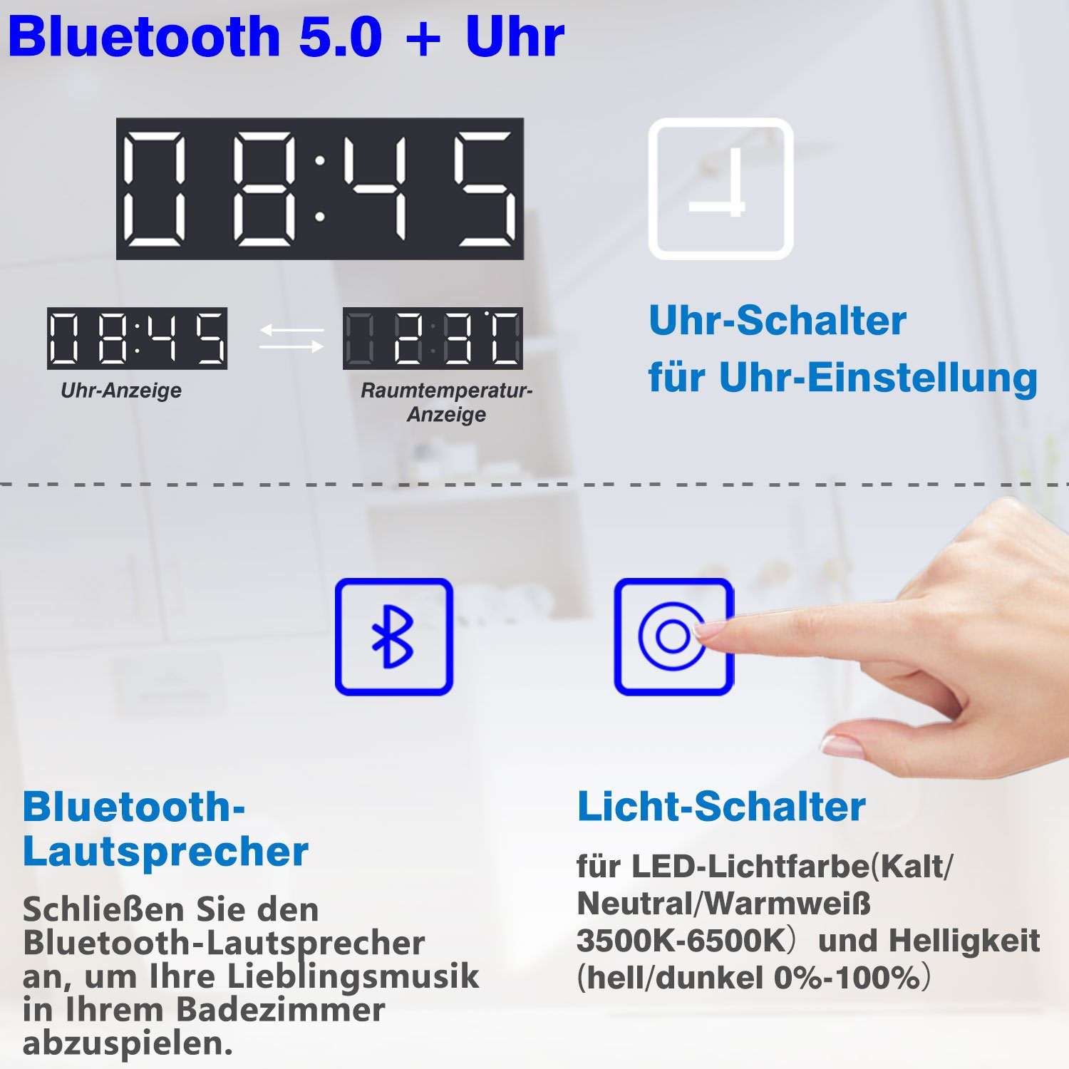 duschspa Badspiegel Badezimmerspigel Kalt/Neutral/Warmweiß Dimmbar Beschlagfrei, Bluetooth – Bild 4 von 5