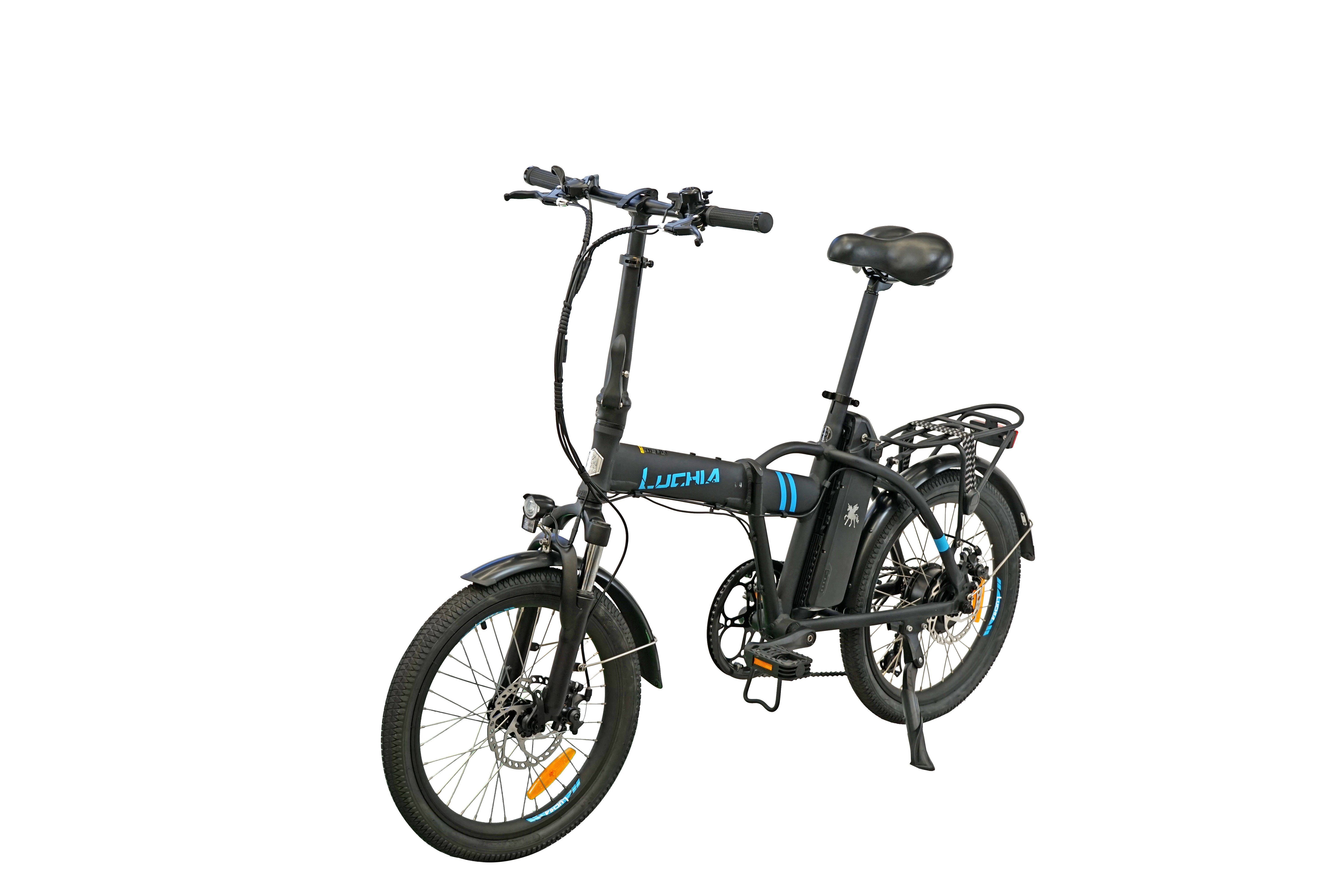 LUCHIA E-Bike SIRIO, klappbar, empfohlene Fahrergröße 155-198 cm, bis 120kg, 6 Gang Shimano, Heckmotor, 360 Wh Akku, (Packung, mit Akku-Ladegerät, mit Werkzeug), mit LCD-Display & Fahrradständer & Gepäckträger, Max. 25km/h, IP54