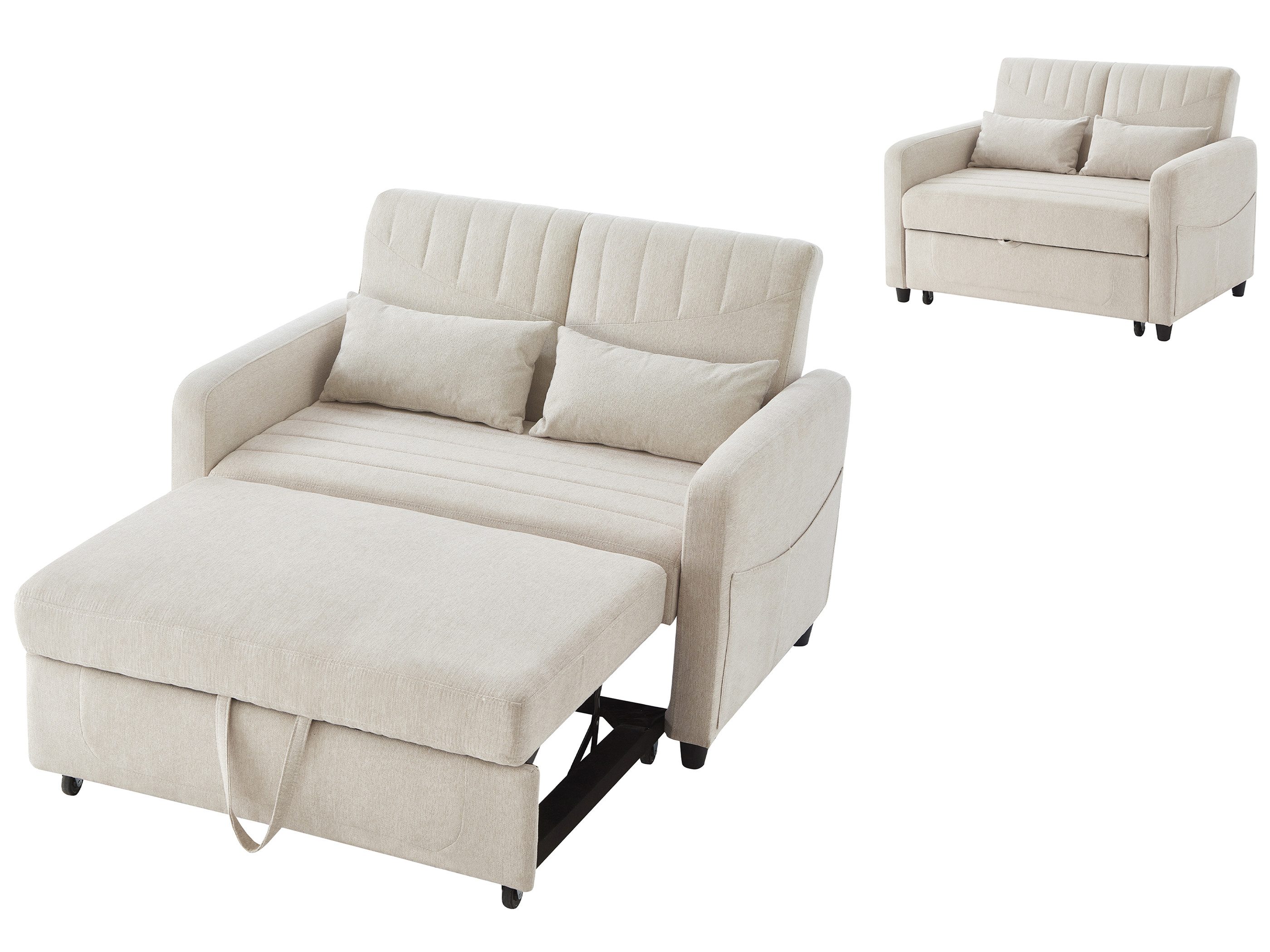 SeedWave Schlafsofa 2 Sitzer Sofa, Baumwoll-Leinen, mit Ausziehbett & Drei Liegepositionen, Verstellbare Rückenlehne (110°/145°/180), Seitentaschen, 2 Zierkissen