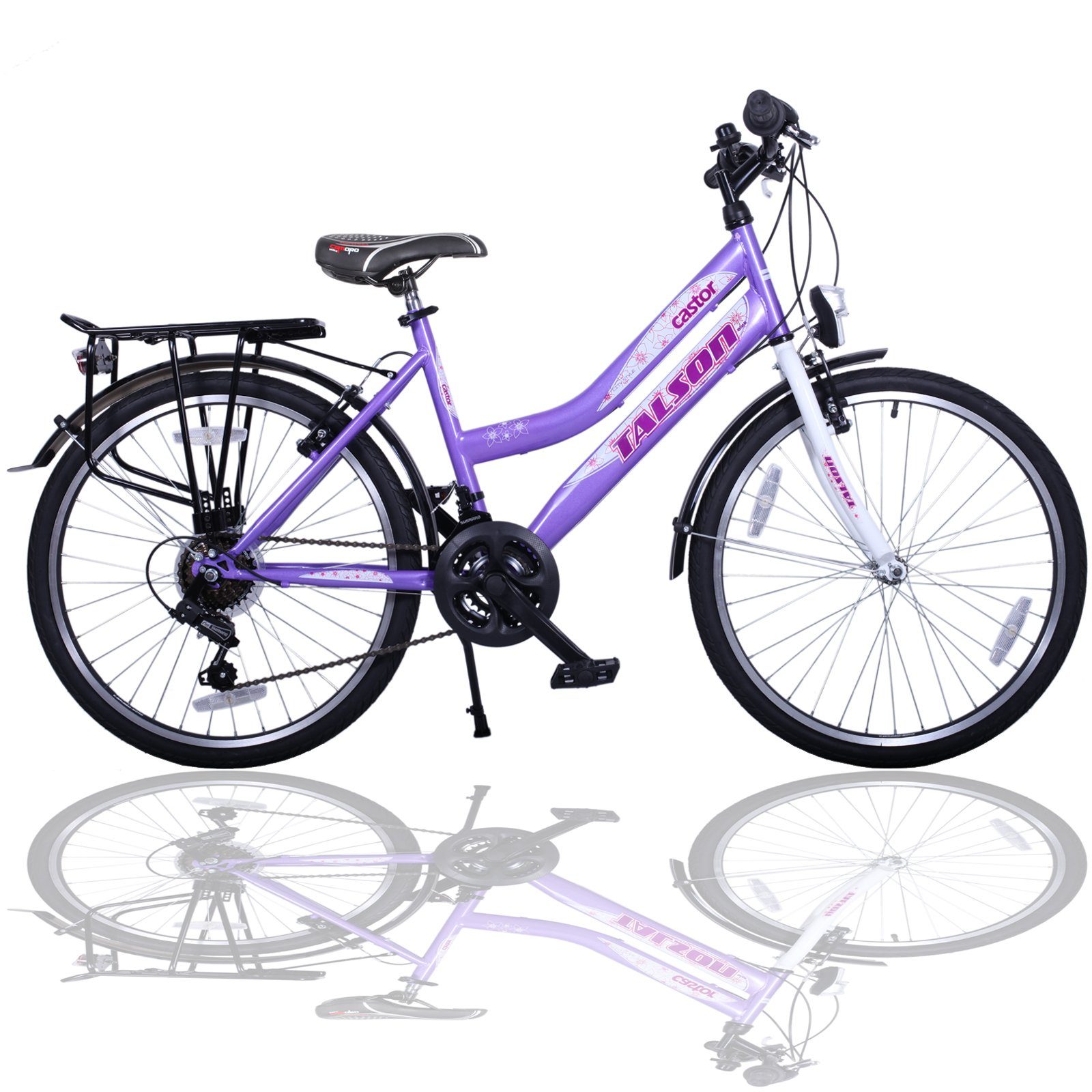 Talson Cityrad 26 Zoll Cityrad, 21 Gang Shimano, Kettenschaltung, mit Beleuchtung nach StVZO und Gepäckträger Lila