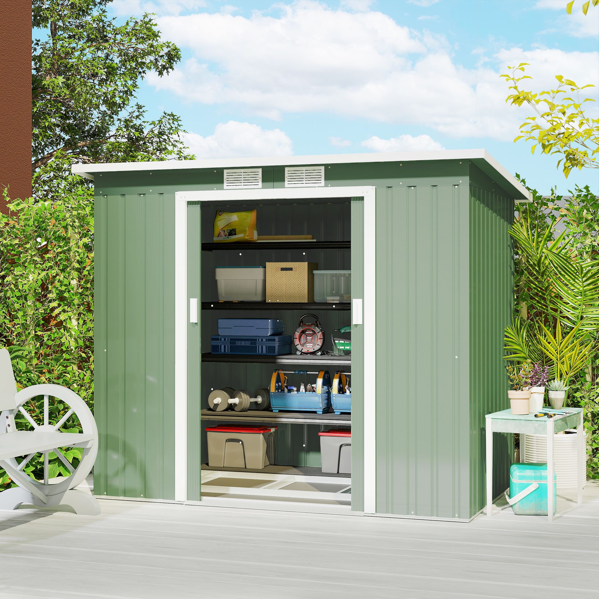 Outsunny Gerätehaus Metall Geräteschuppen, Pultdach, Abschließbar, BxT: 213x130 cm, (Gartenhaus, 1 St., Geräteschuppen), aus Verzinkter Stahl, wetterfest, für Garten, Grün