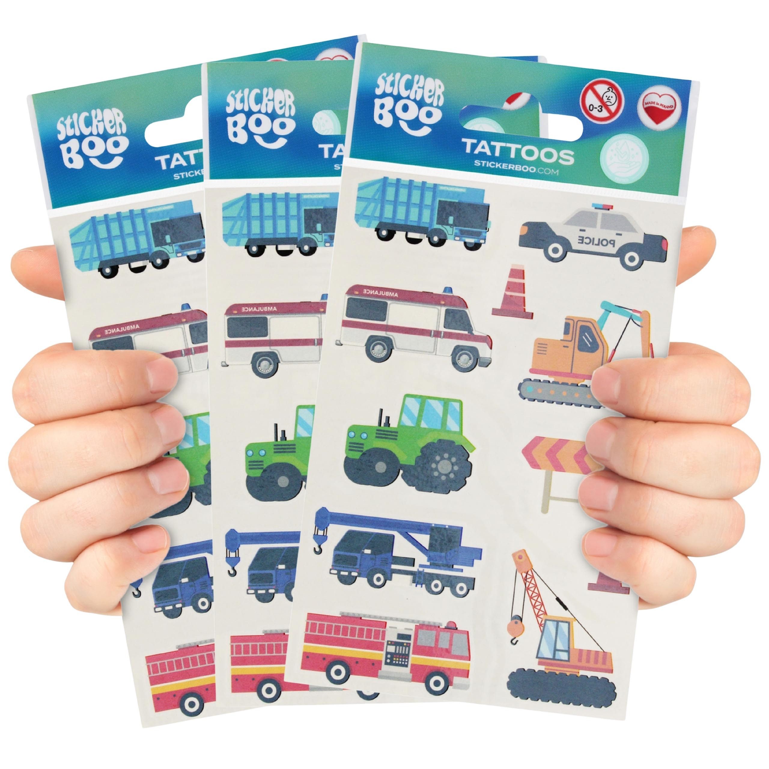 Sarcia.eu Stickerbuch Tattoo-Set Fahrzeuge für Kinder, 30 waschbare Tattoos, 3 Blätter
