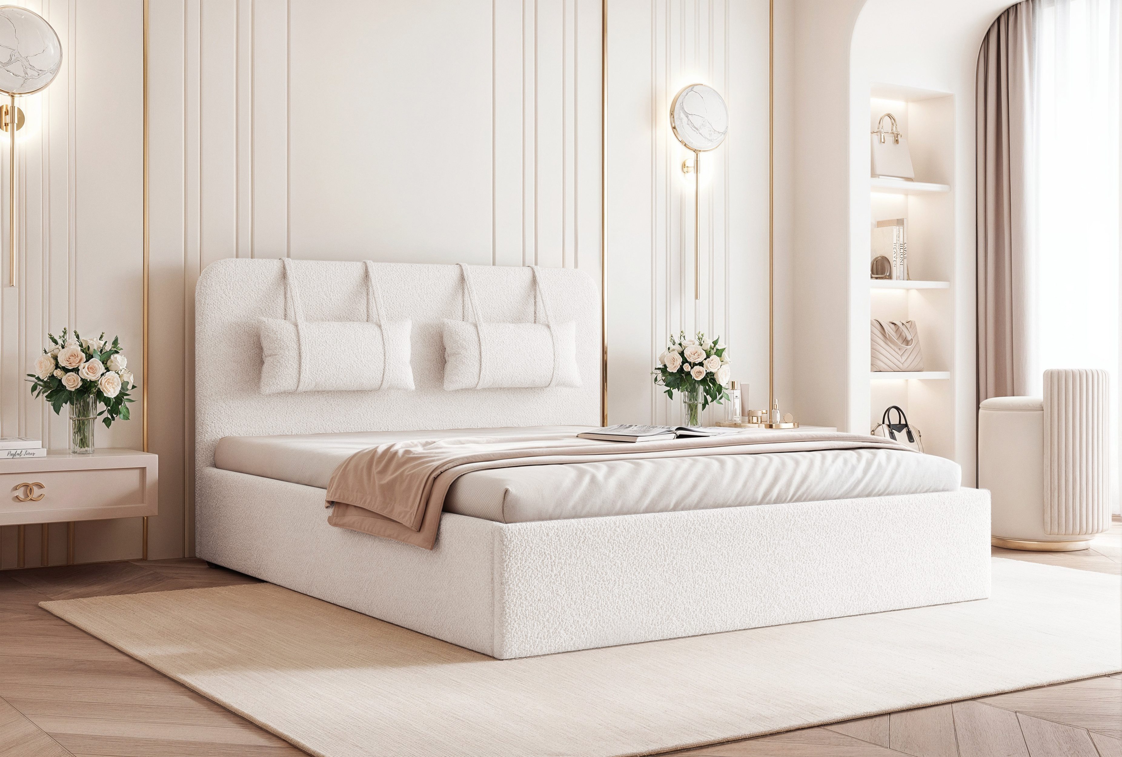 Goldstoff Polsterbett Modernes Schlafzimmerbett "CAPRI" mit elegantem Kopfteil und Stauraum (120–200x200 cm, Kopfteilhöhe: 90/110 cm, Seitenhöhe: 30cm), Luxuriöses Bett mit gepolstertem Kopfteil und großem Stauraum