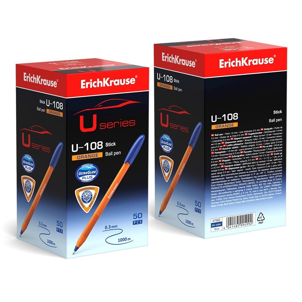 Erich Krause Kugelschreiber, Kugelschreiber U-108 Orange 0,3mm 50er Pack Blau