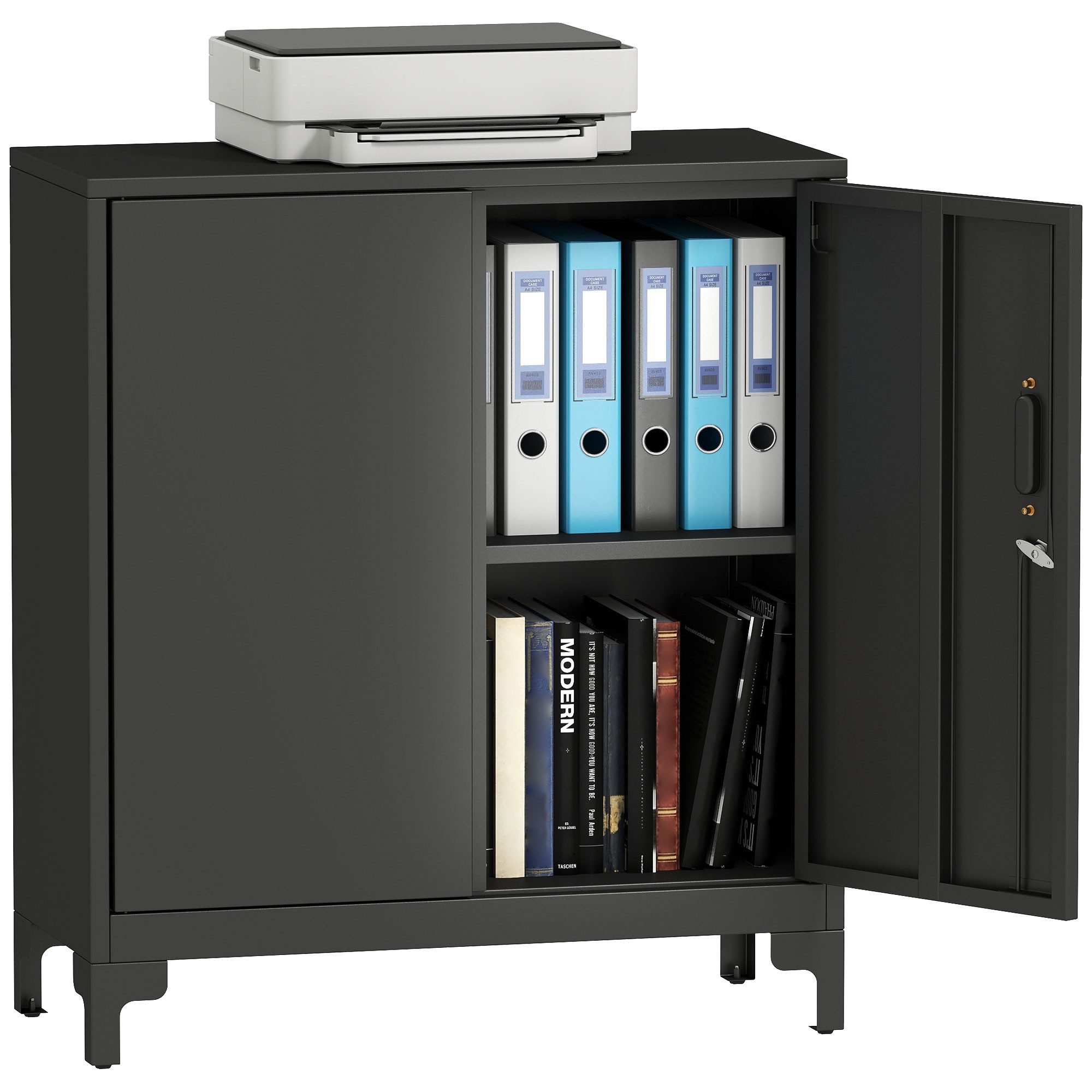 HOMCOM Aktenschrank Büroschrank Abschließbar Mehrzweckschrank mit 2 Ebenen, 2 Türen (Metallschrank, 1-St., Aufbewahrungsschrank) Allzweckschrank 80 x 35 x 91 cm – Bild 2 von 5
