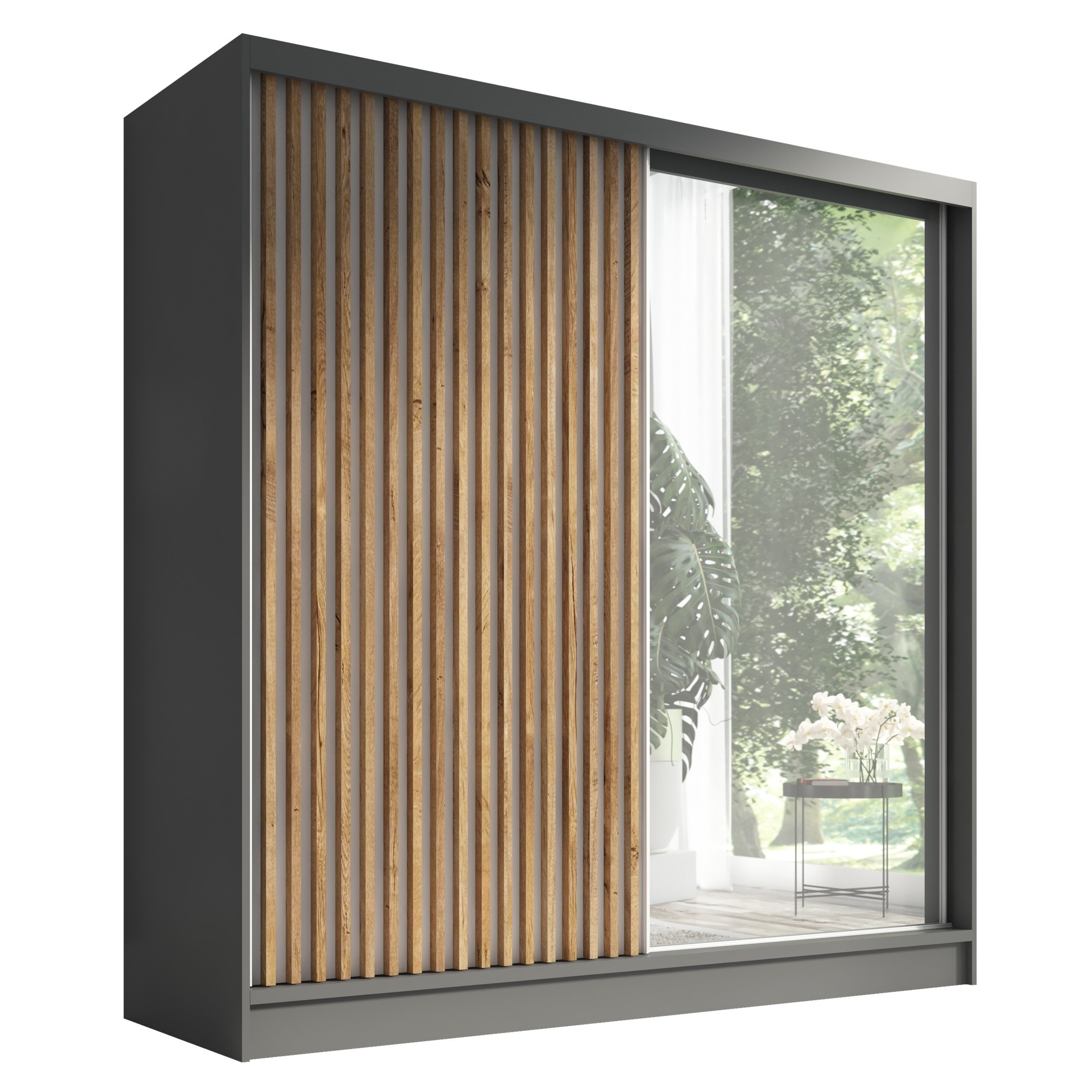 Schwebetürenschrank LINA mit 3 Schubladen, 3D-Lamellen und Spiegel