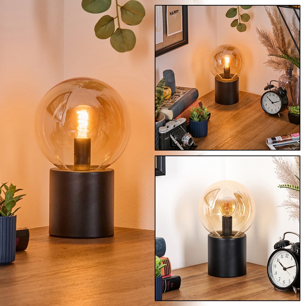 hofstein Tischleuchte Tischlampe aus Metall/Glas in Schwarz/Bernsteinfarben, ohne Leuchtmittel, Leuchte im Retro/Vintage-Design mit Glasschirm (15 cm), 1 x E14