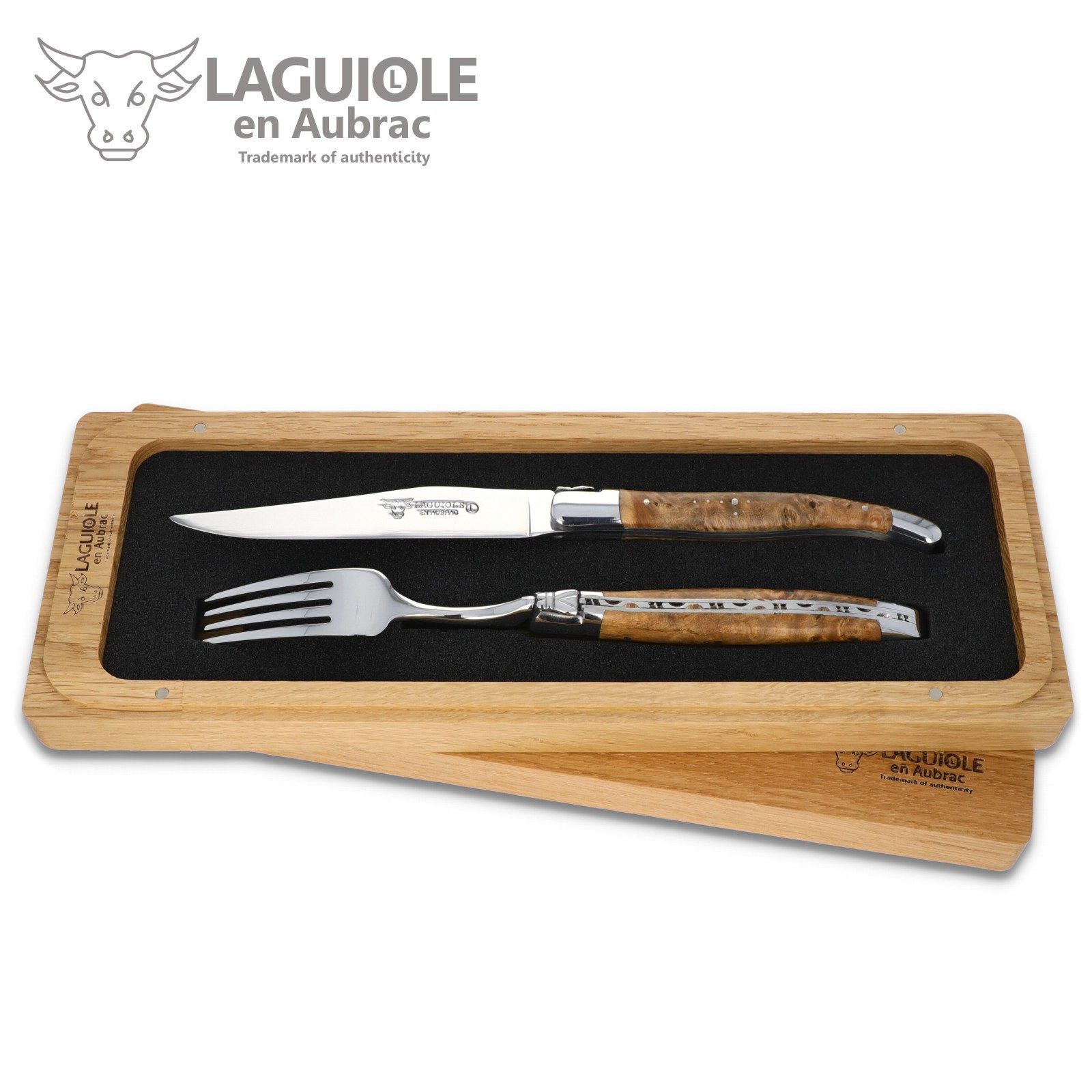 Laguiole en Aubrac Steakbesteck 1CF99TYIH BRI, 1 Messer / 1 Gabel - Griff Linde - Backen glänzend - Stahl glänzend