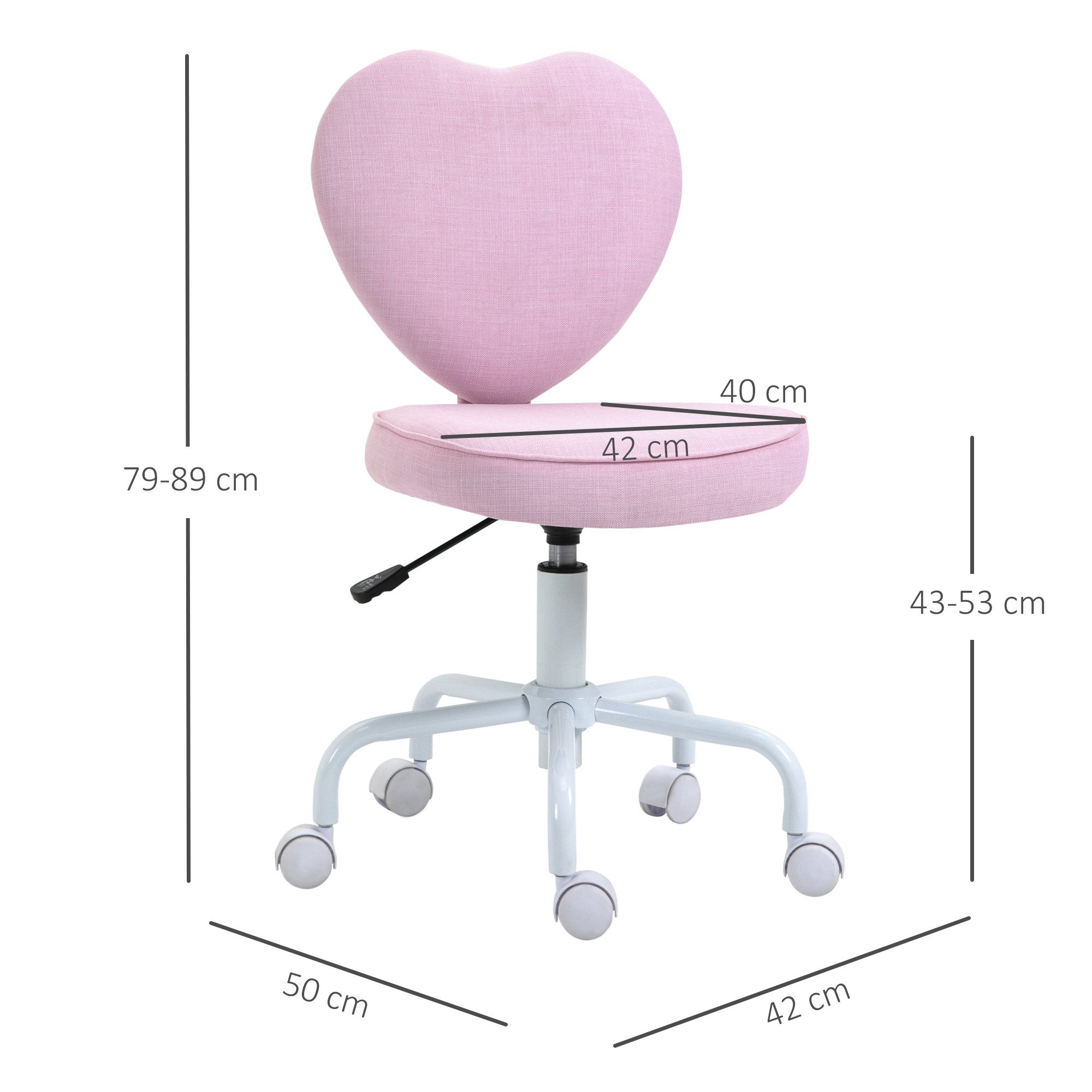 HOMCOM Bürostuhl Chefsessel Drehstuhl Sitzhöhenverstellung niedlich herzförmig (Computerstuhl, 1 St), Rosa Leinenstoff 42 x 50 x 79-89 cm – Bild 3 von 5