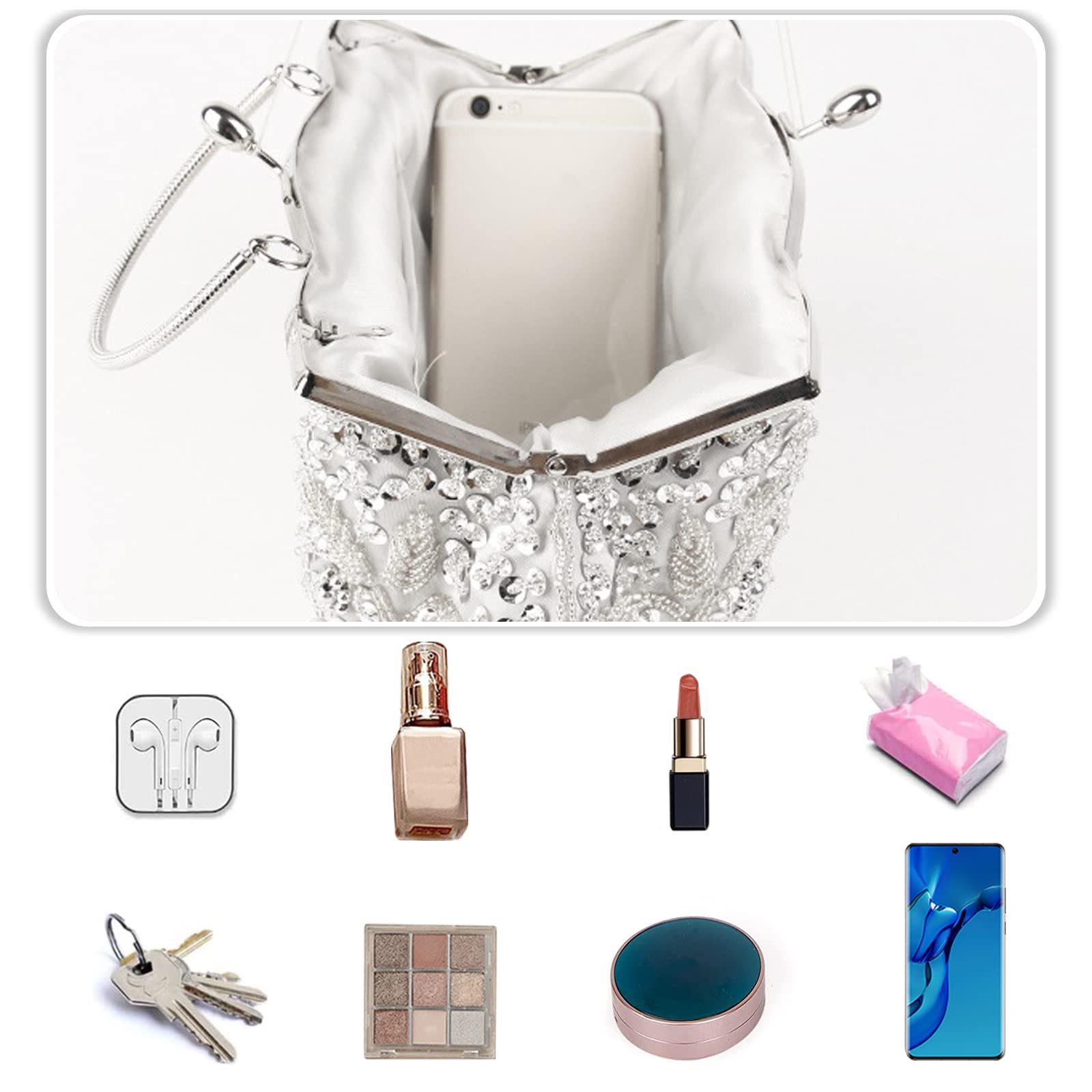 nsihing Abendtasche Damen Handgemachte Perle Handtasche Clutch Elegant Brauttasche, Schultertasche Klein Tasche Kette Umhängetasche Hochzeit Party – Bild 5 von 5