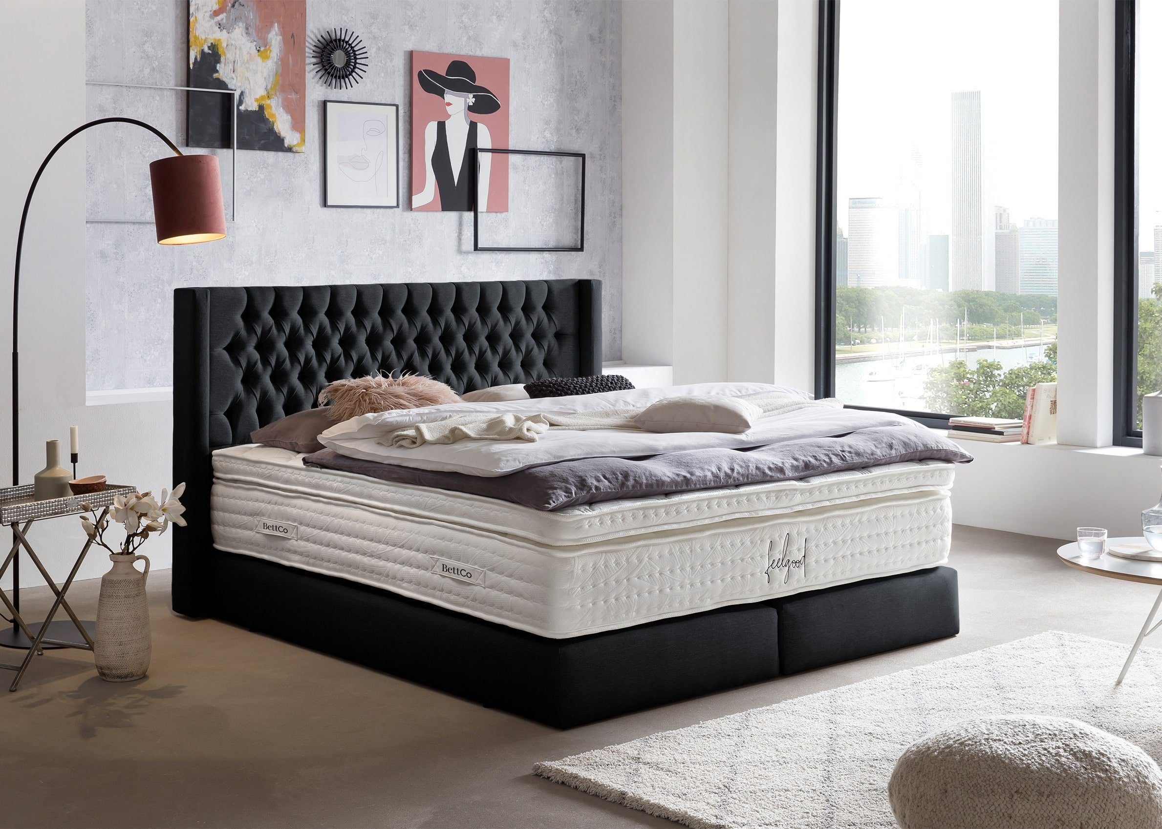 200 Boxspringbett mit BettCo cm), Florida Gleiterfüße Ohren (in Topper, + Schwarz optionaler 140 Kopfteil Webstoff, x