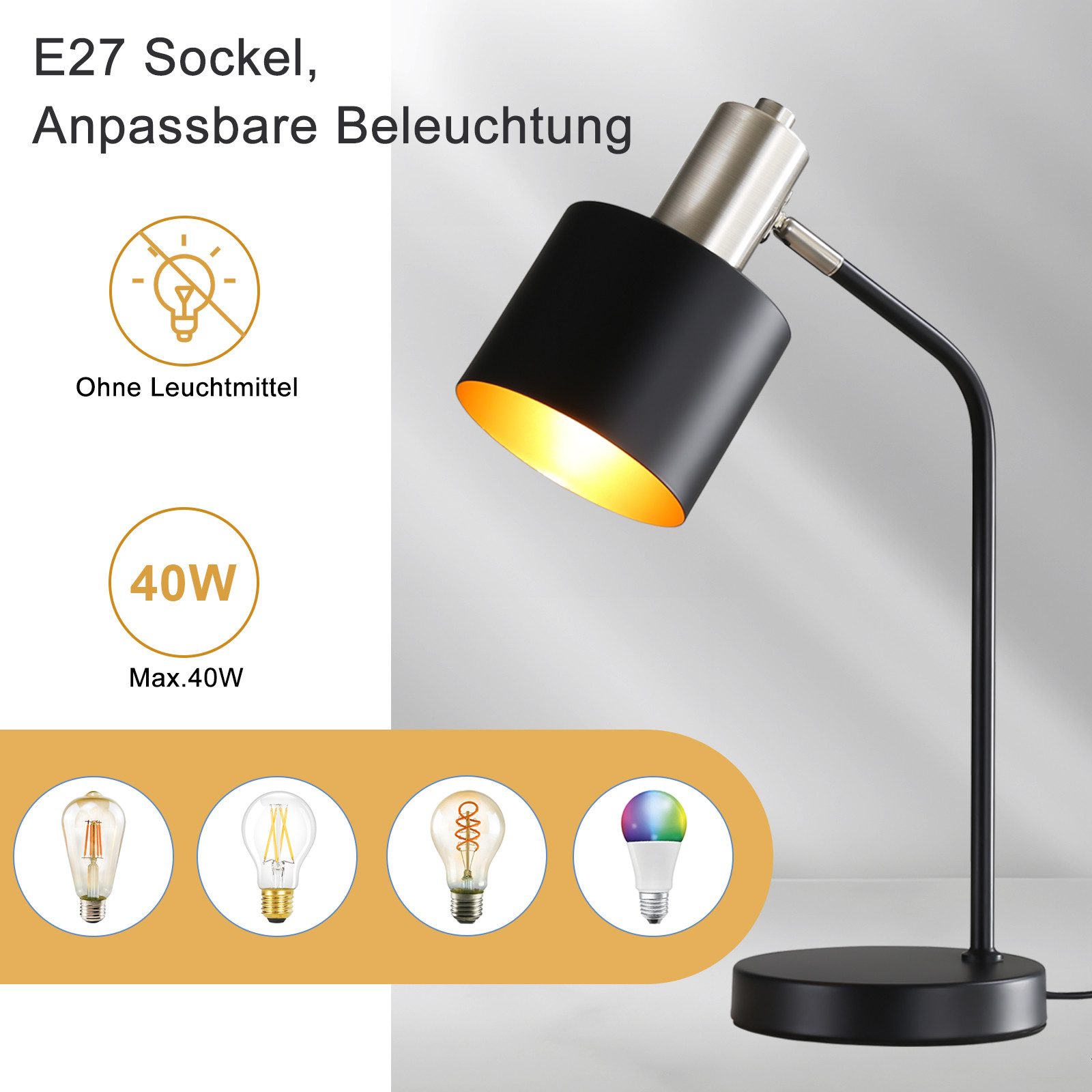 Nettlife Tischleuchte Schwarz Gold E27 Vintage Arbeitszimmer Schreibtischla günstig online kaufen