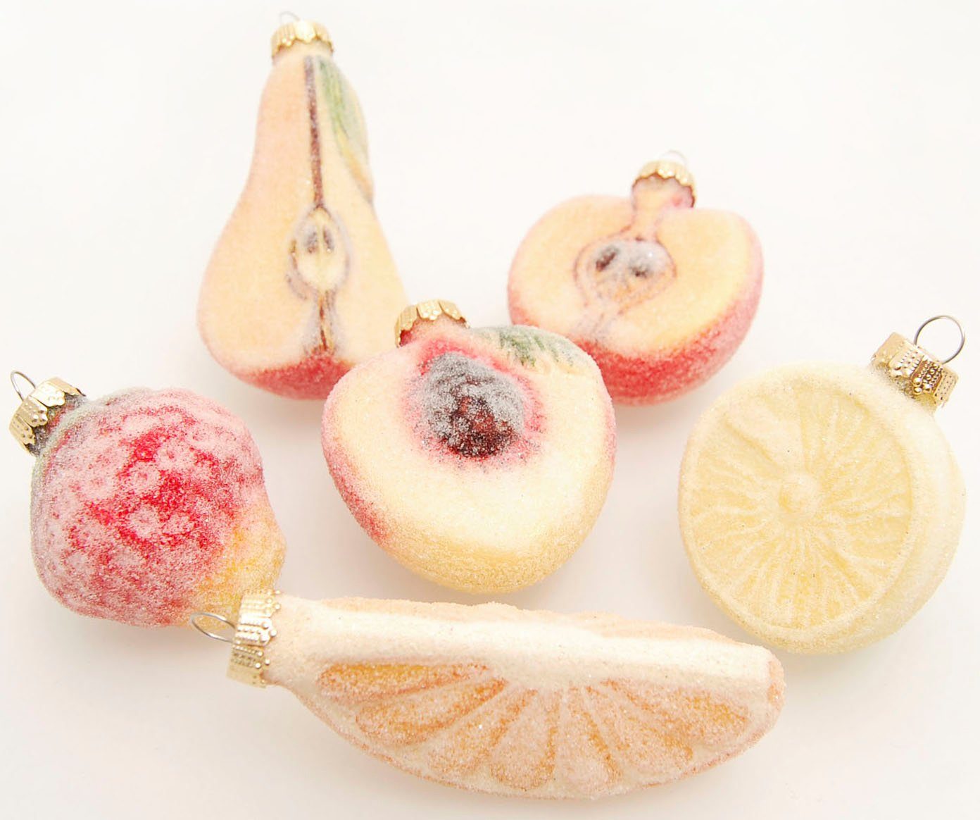 Krebs Glas Lauscha Christbaumschmuck Glassortiment "Gezuckerte Früchte", 6 cm bis 8 cm (6-tlg), Weihnachtsdeko, Weihnachtsbaumkugel, Christbaumkugeln aus Glas