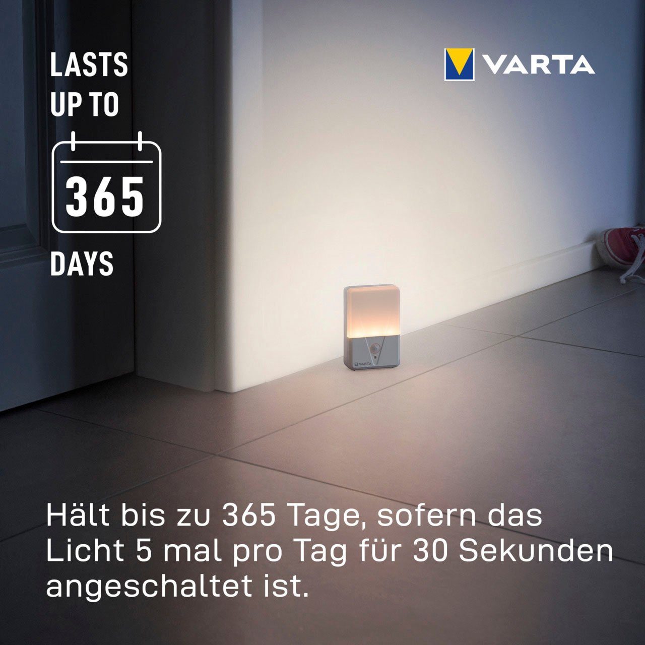 30 das Leuchtet Sensor für Motion Nachtlicht Licht fest Nachtlicht 5x LED VARTA integriert, ist wenn batteriebetrieben 3xAAA, Tage, an bis Sekunden zu ist VARTA inkl. täglich Warmweiß, 365