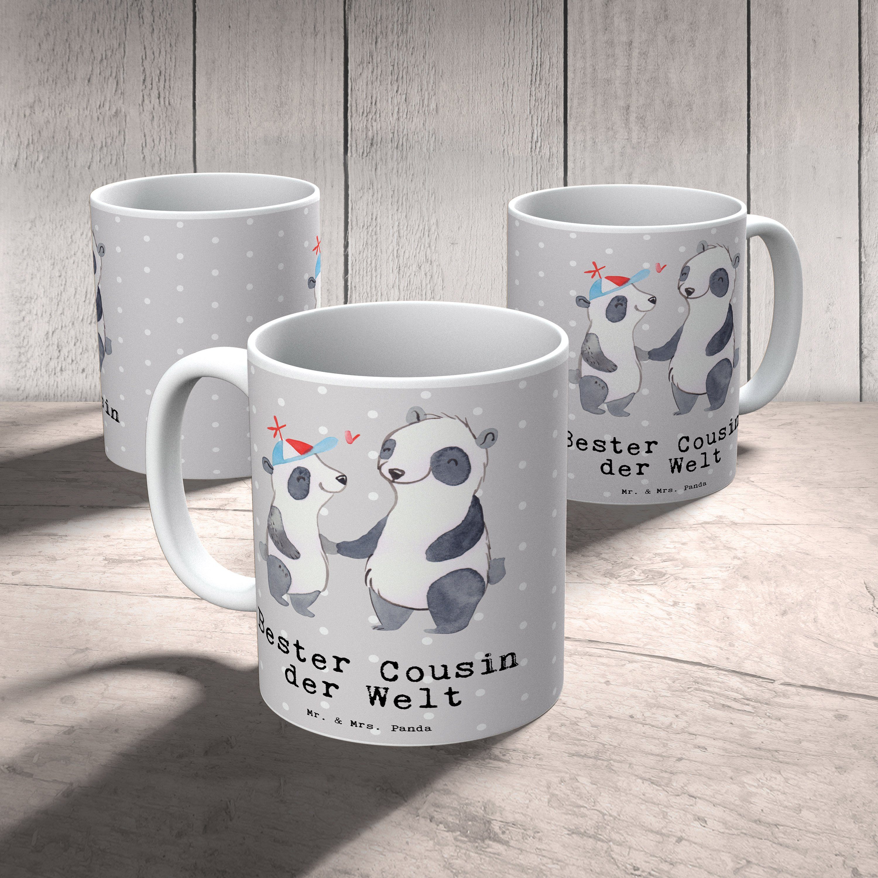 Mr. & Mrs. Panda Geschenk, Vetter, Tasse Welt Bester - der Panda - Grau Gebur, Keramik Cousin Pastell